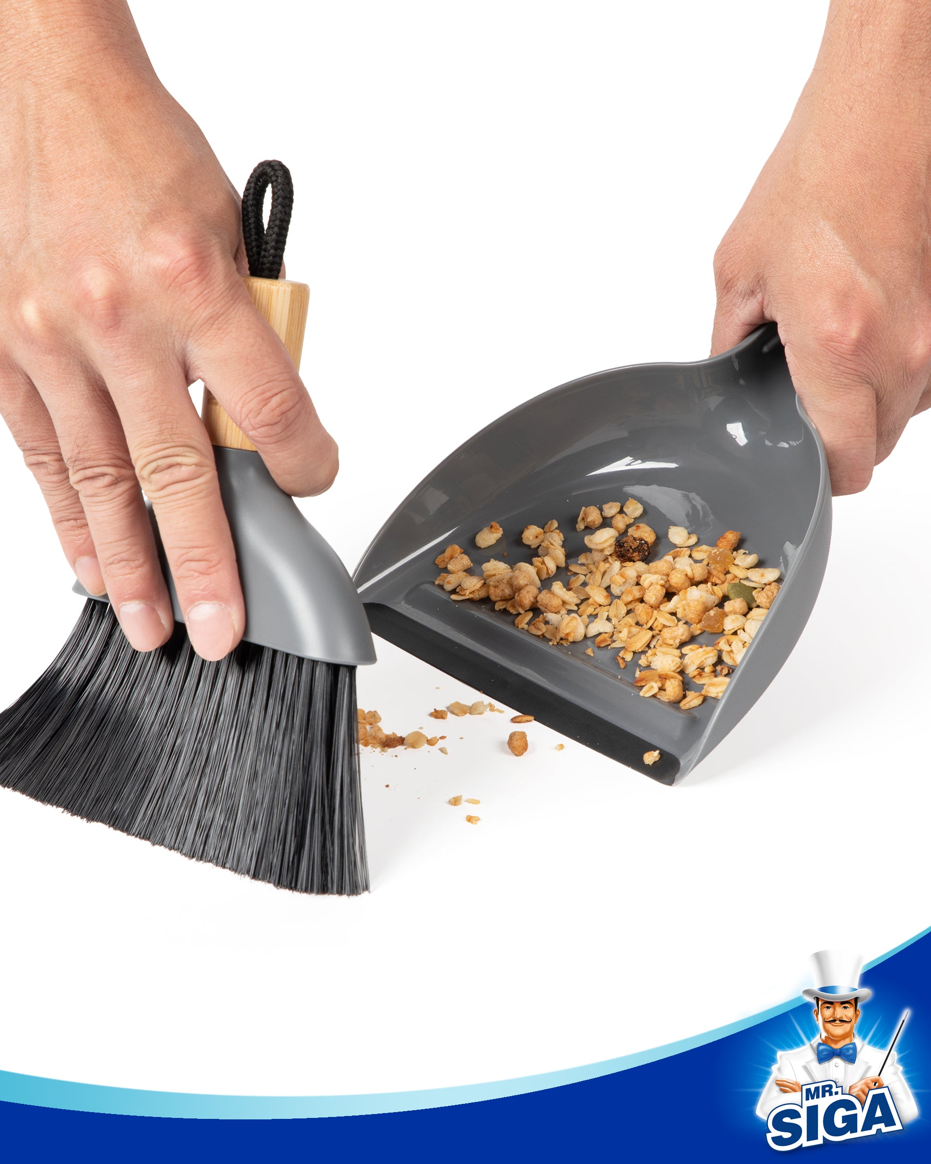 MR.SIGA Mini Dustpan and Brush Set, Portable Cleaning Brush and Dustpan Combo with Bamboo Handle, Gray, 1 Set