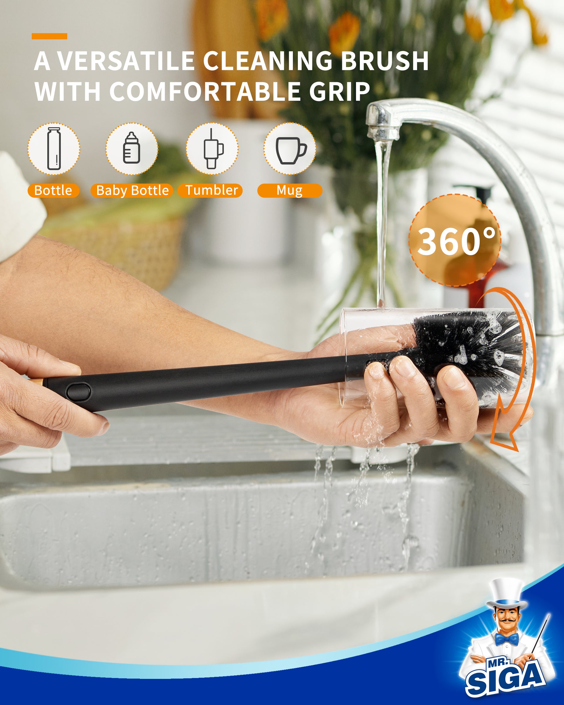 MR.SIGA Water Bottle Brush and Straw Cleaner Brush, Long Handle Bottle Cleaner Brush, 2 in 1 Bottle Cleaning Brush for Sports Bottles, Baby Bottles, Mugs, Straws, Black