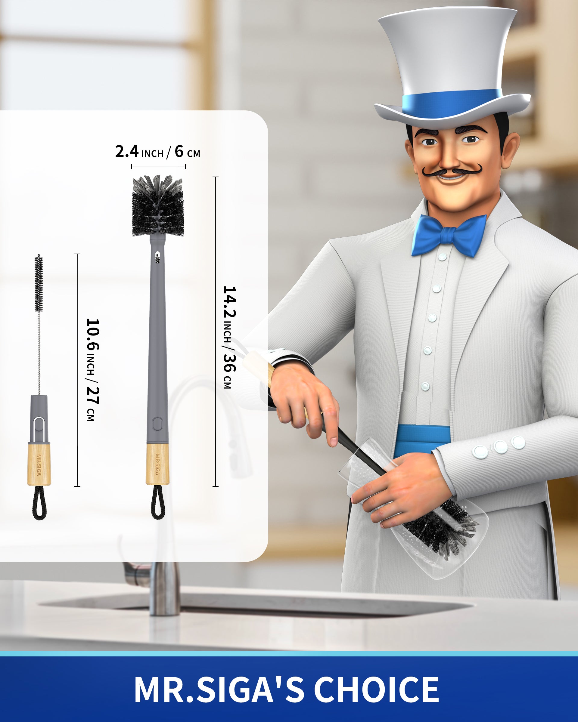 MR.SIGA Water Bottle Brush and Straw Cleaner Brush, Long Handle Bottle Cleaner Brush, 2 in 1 Bottle Cleaning Brush for Sports Bottles, Baby Bottles, Mugs, Straws, Gray