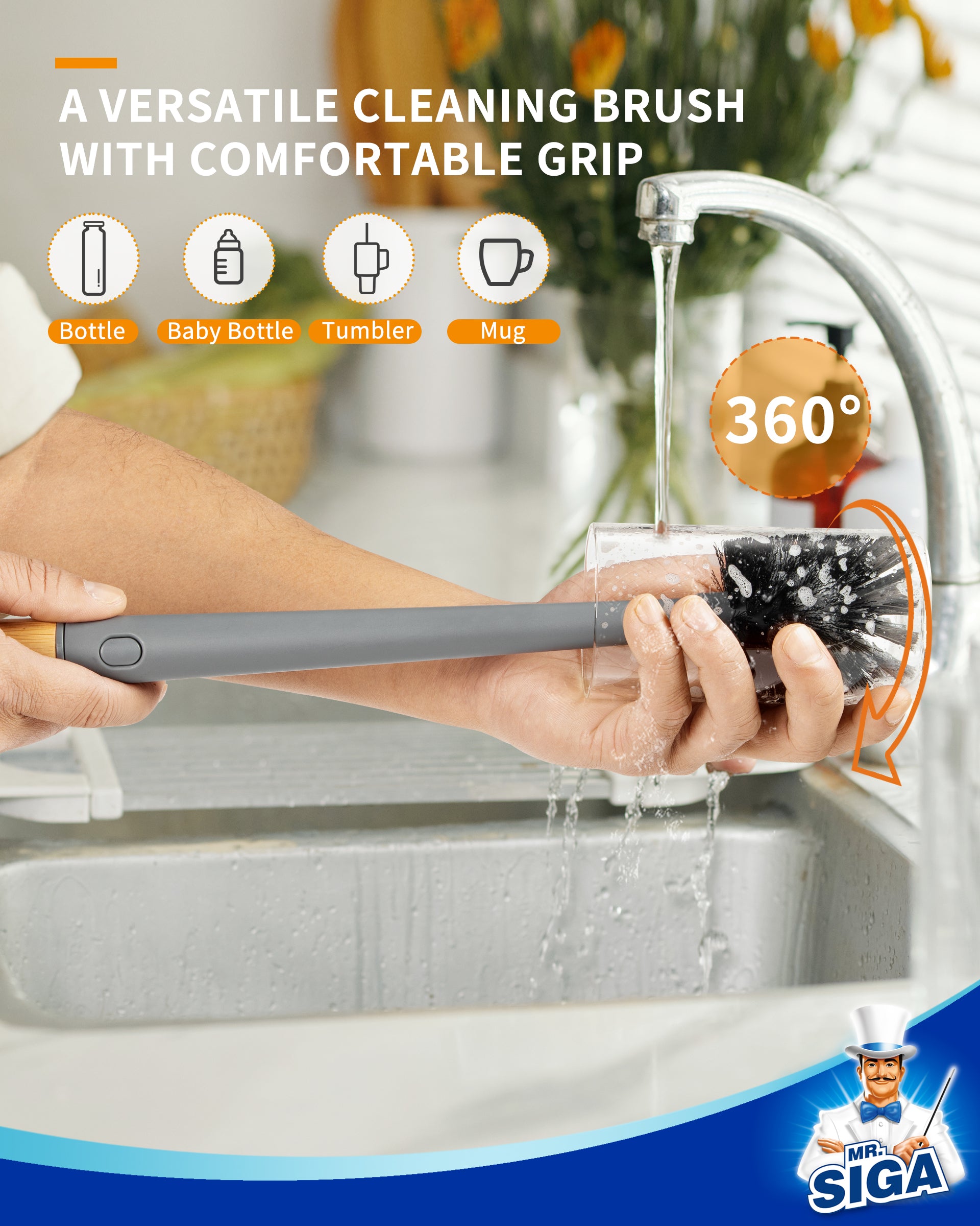 MR.SIGA Water Bottle Brush and Straw Cleaner Brush, Long Handle Bottle Cleaner Brush, 2 in 1 Bottle Cleaning Brush for Sports Bottles, Baby Bottles, Mugs, Straws, Gray