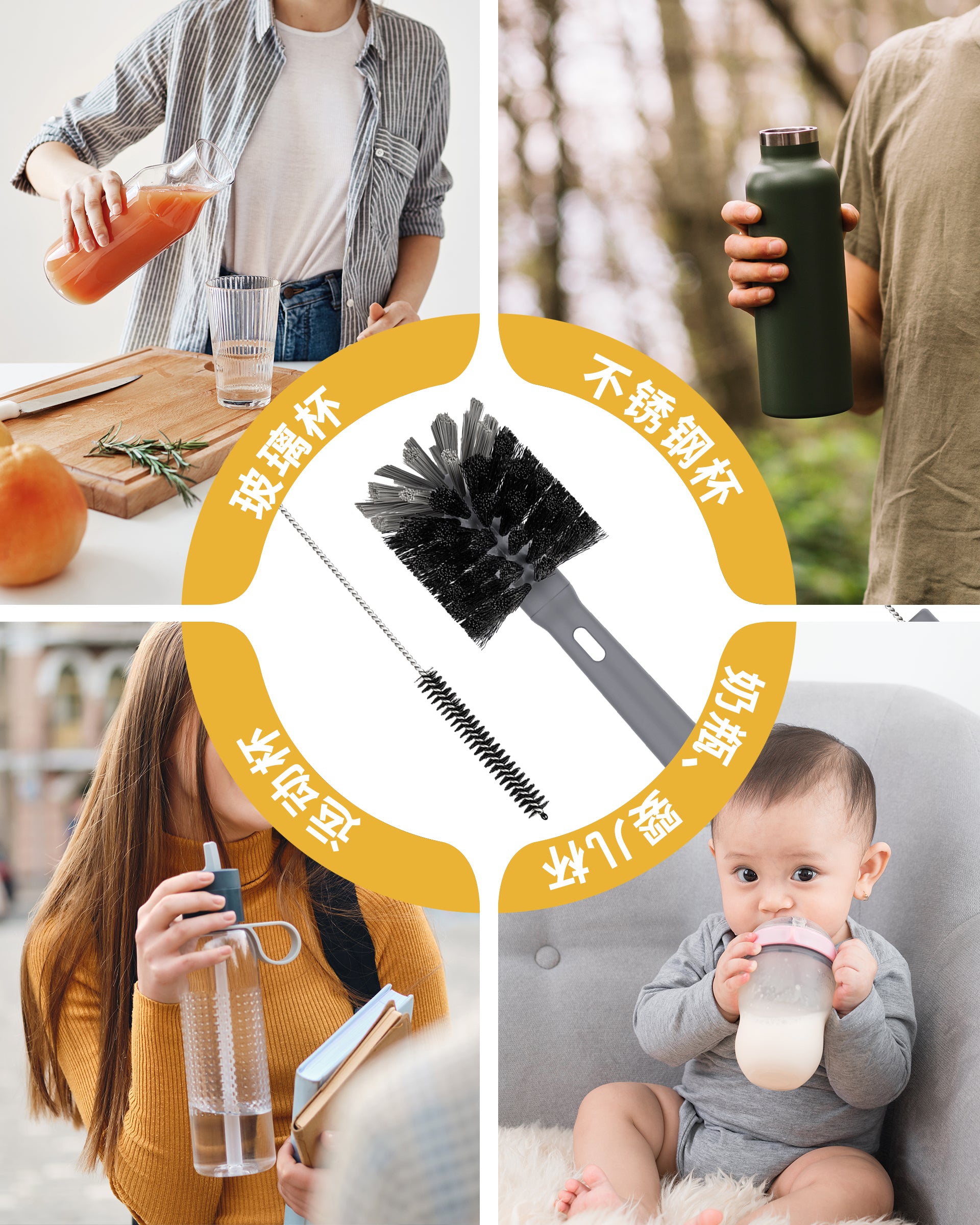 MR.SIGA Water Bottle Brush and Straw Cleaner Brush, Long Handle Bottle Cleaner Brush, 2 in 1 Bottle Cleaning Brush for Sports Bottles, Baby Bottles, Mugs, Straws, Gray