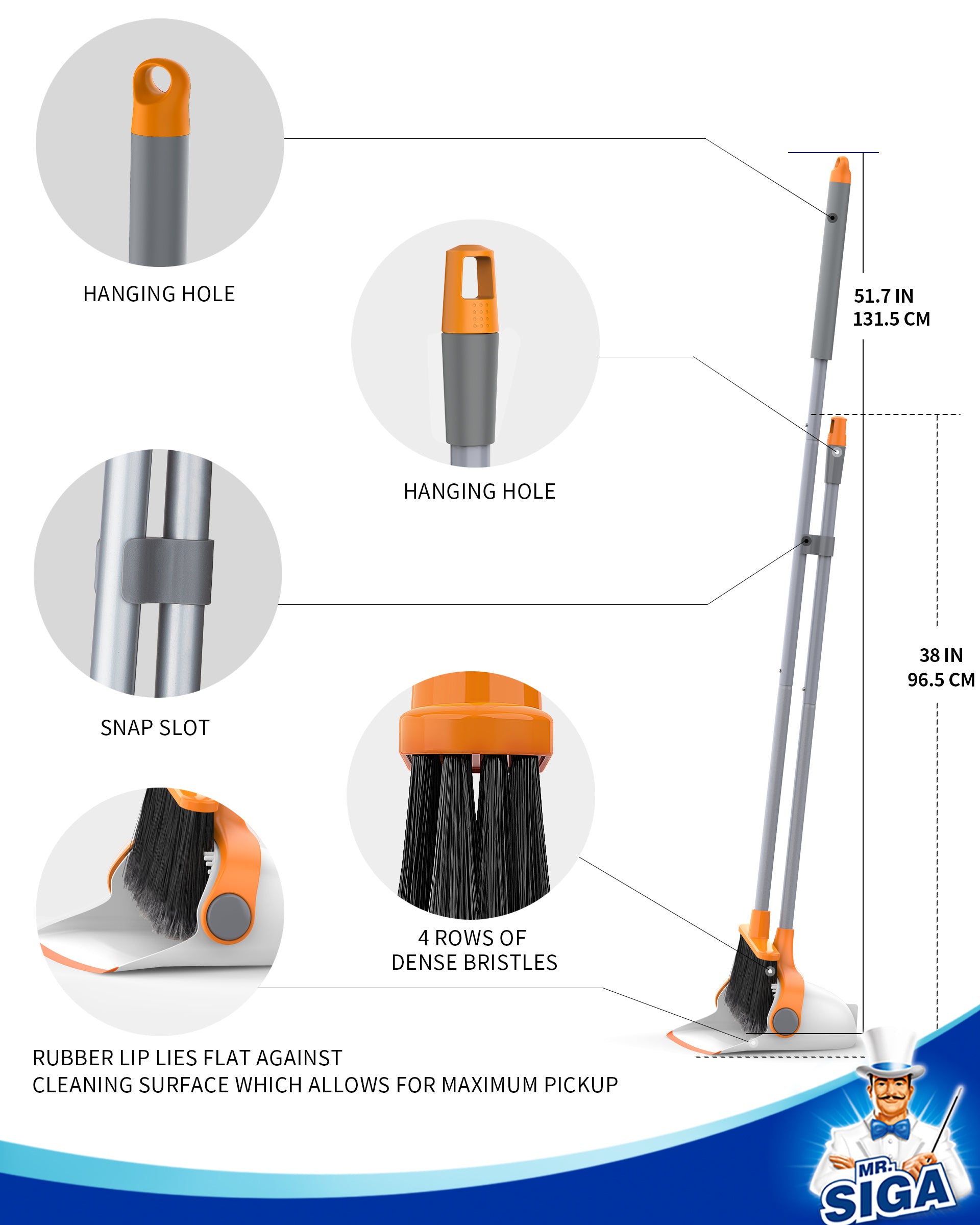 MR.SIGA Broom and Dustpan Set with Long Handle, Stand Upright Broom with Dustpan Combo for Cleaning Office, Garage, Lobby, Lightweight Sweeping Set, 51.7"(131 cm) Long Handle, White & Orange