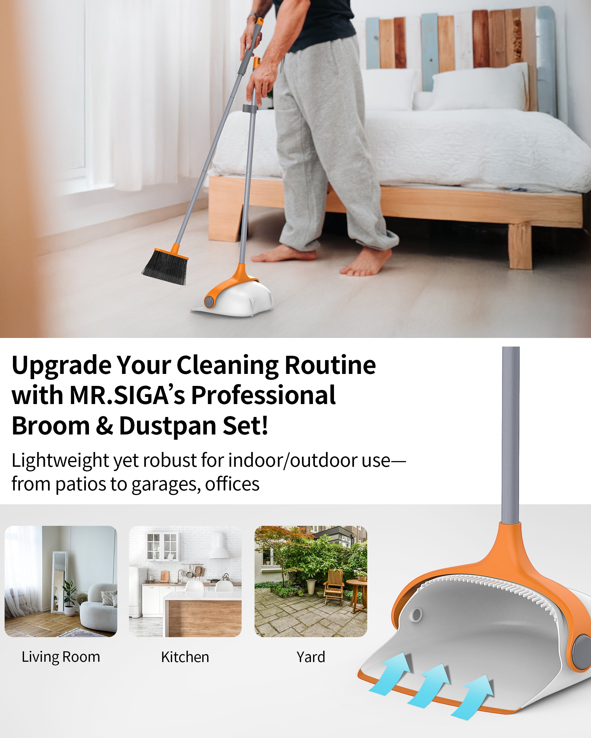 MR.SIGA Broom and Dustpan Set with Long Handle, Stand Upright Broom with Dustpan Combo for Cleaning Office, Garage, Lobby, Lightweight Sweeping Set, 51.7"(131 cm) Long Handle, White & Orange