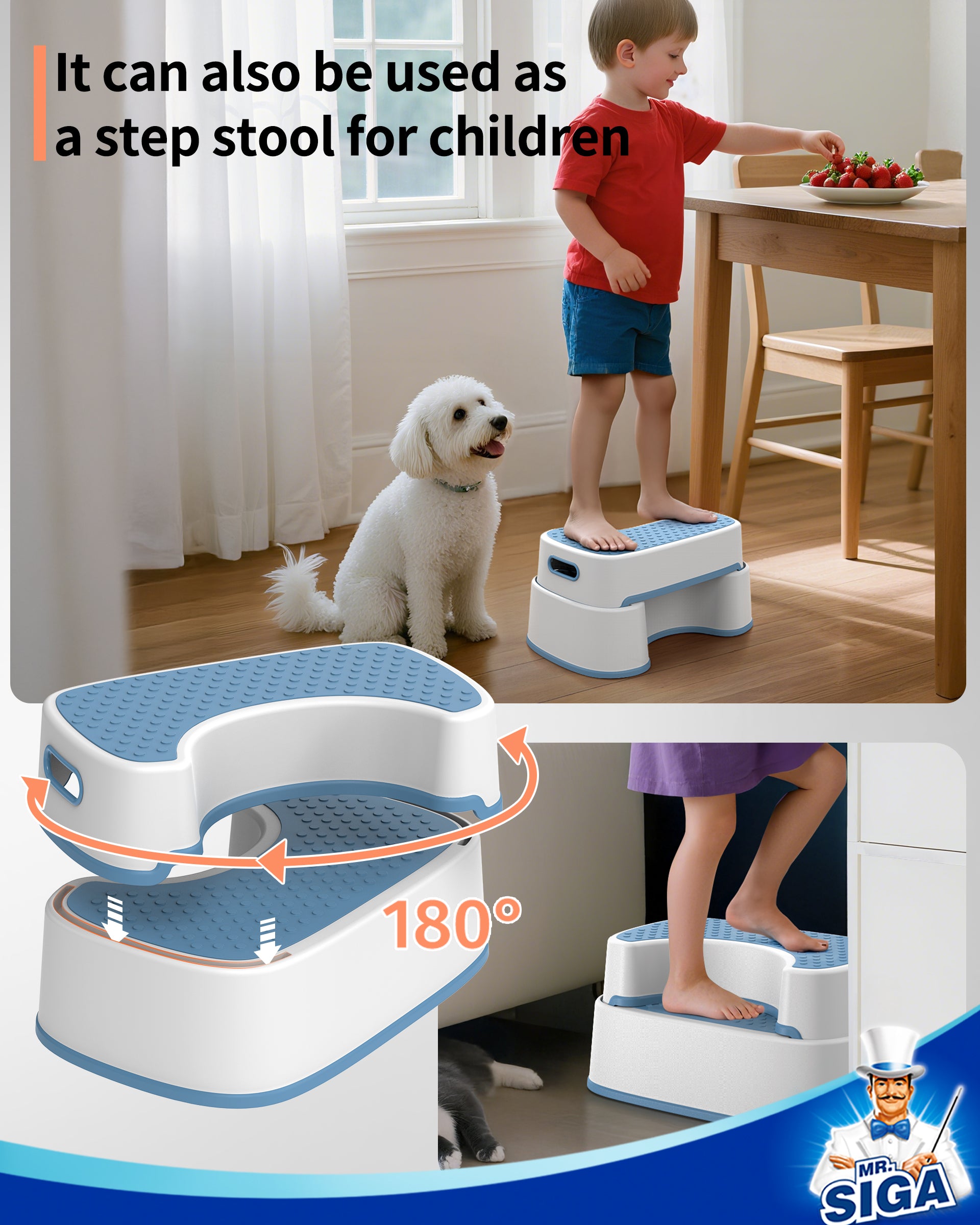 MR.SIGA Toilet Stool Squat Adult Bathroom Foot Stool, White & Grayish Blue | Heavy Duty Anti-Slip Bathroom Step for Improved Posture