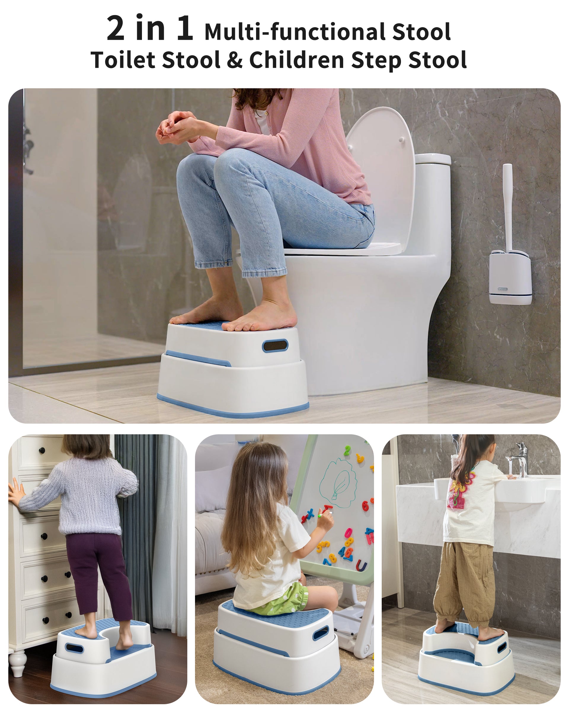 MR.SIGA Toilet Stool Squat Adult Bathroom Foot Stool, White & Grayish Blue | Heavy Duty Anti-Slip Bathroom Step for Improved Posture