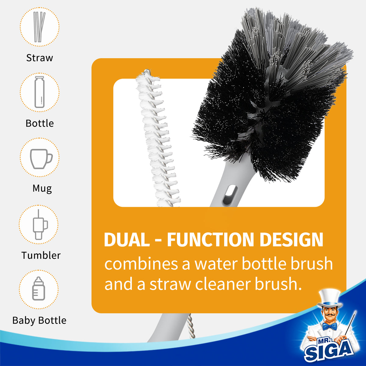 MR.SIGA 2 in 1 Bottle Brush & Straw Brush