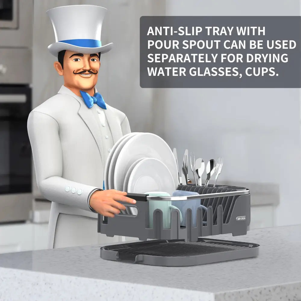 MR.SIGA Dish Drying Rack for Kitchen Counter Compact Dish Drainer with Drainboard Utensil Holder and Cup Rack Plastic