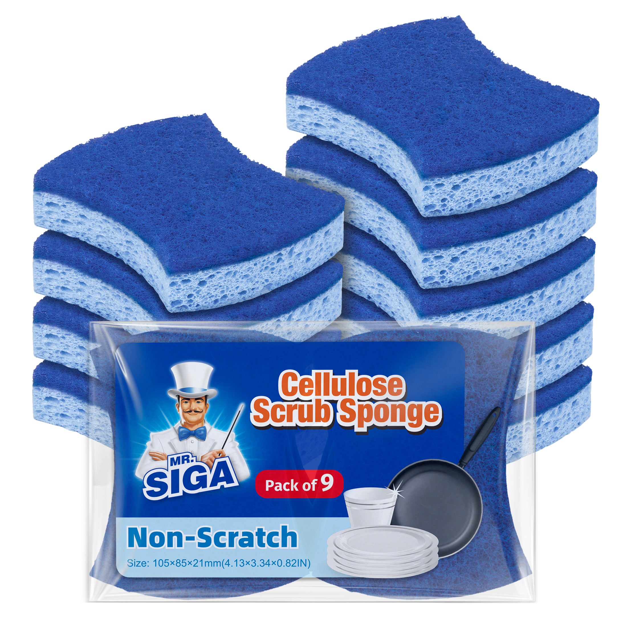 MR.Siga Non-Scratch Cellulose Scrub Sponge, Dual-Sided Dishwashing Sponge for Kitchen, 9 Pack