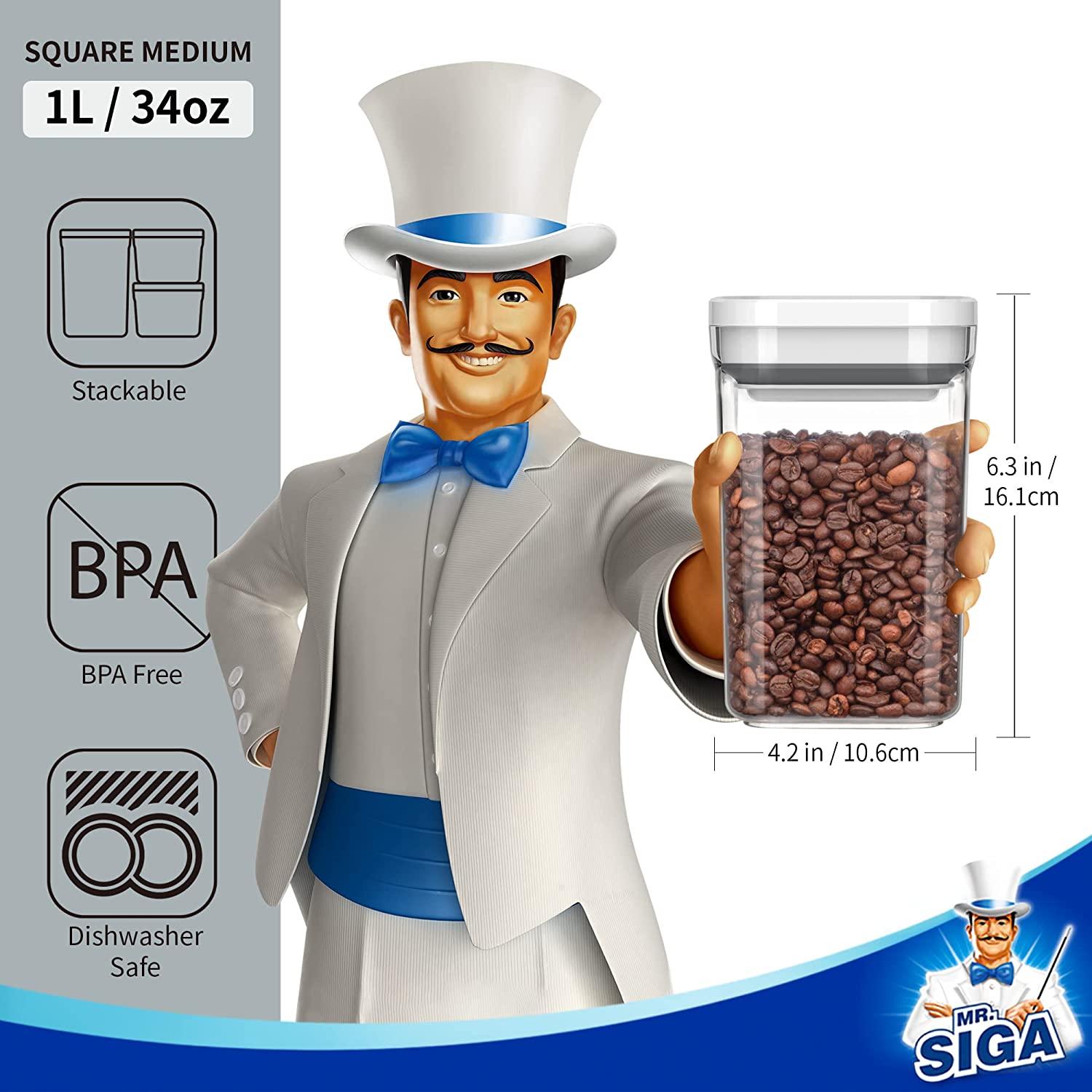 MR.SIGA 4 Pack Airtight Food Storage Container Set, with One-handed Leak Proof Lids, 1L / 33.8oz, Medium, White