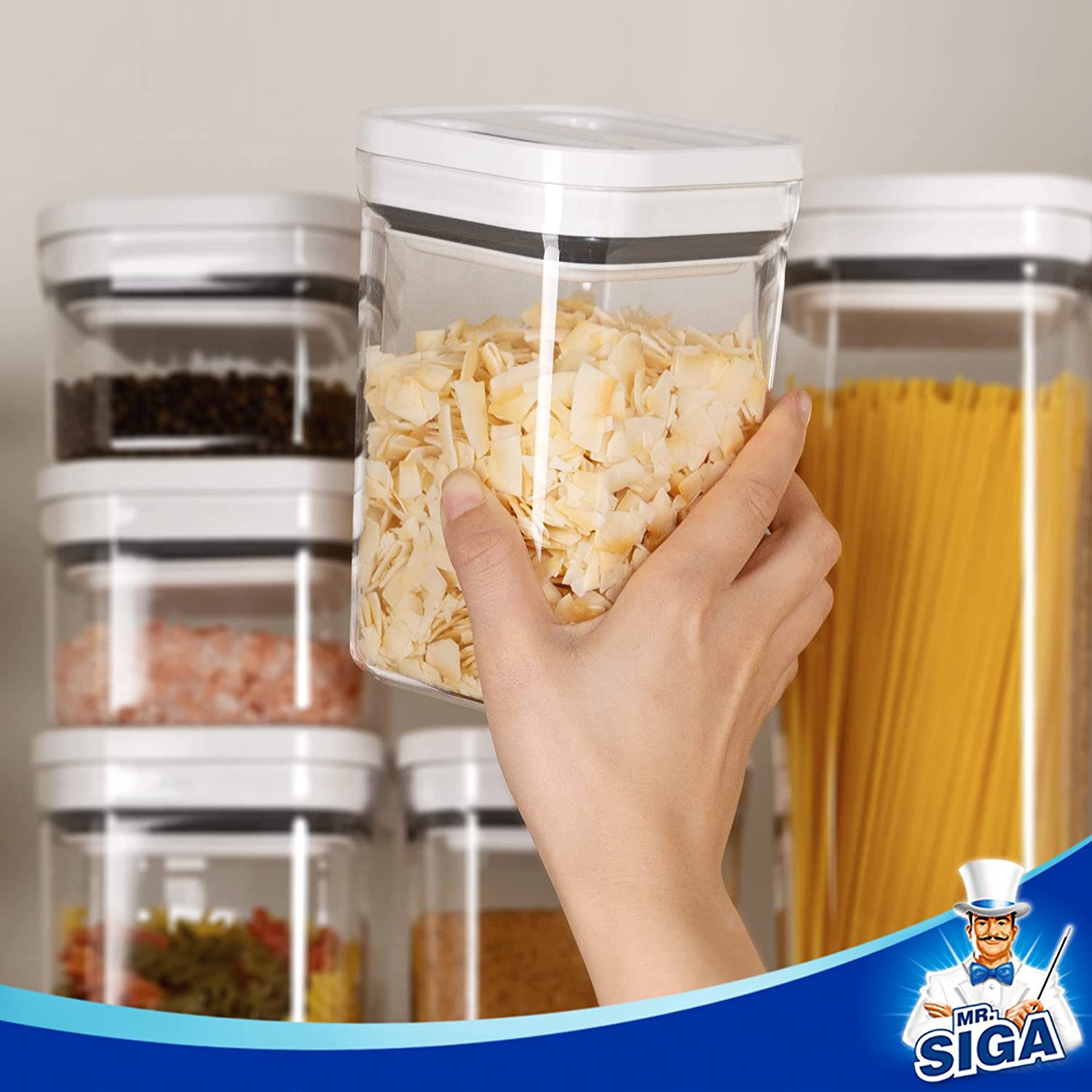 MR.SIGA 8 Piece Airtight Food Storage Container Set, One-Handed Airtight Plastic Containers with Lids for Cereal, Spaghettie, Pasta,White