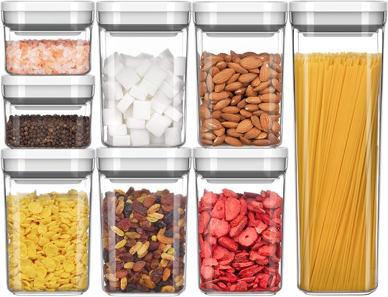 MR.SIGA 8 Piece Airtight Food Storage Container Set, One-Handed Airtight Plastic Containers with Lids for Cereal, Spaghettie, Pasta,White