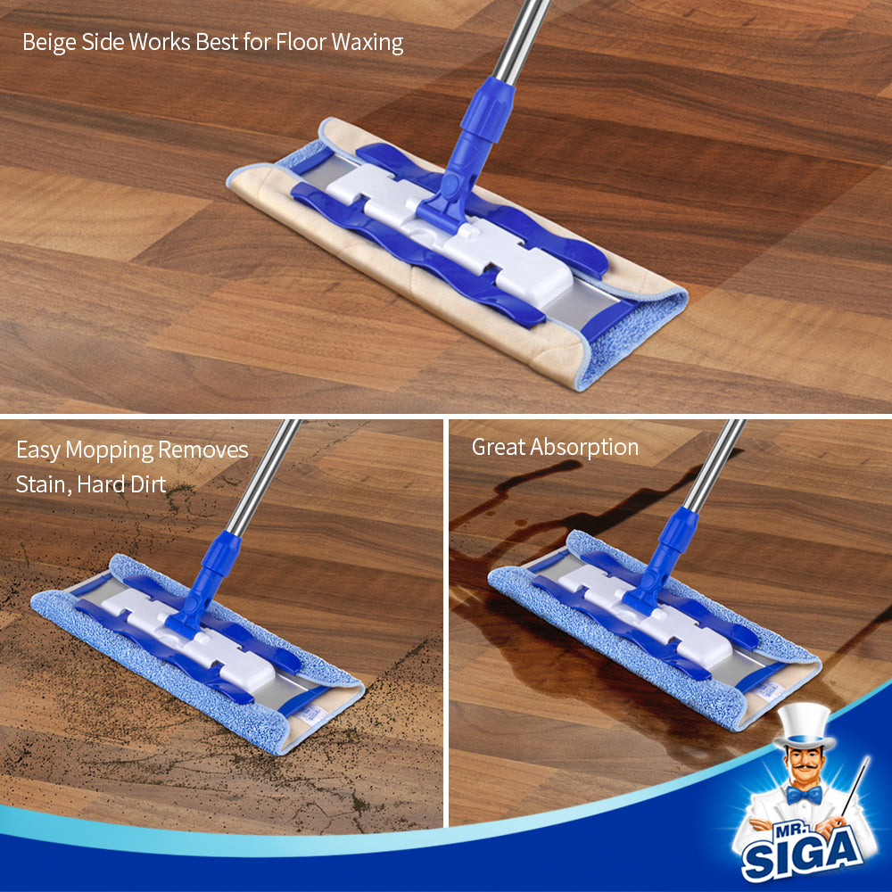 MR.SIGA Professional Microfiber Mop for Hardwood, Laminate, Tile Floor Cleaning, Stainless Steel Telescopic Handle - 3 Reusable Flat Mop Refills and 1 Dirt Removal Scrubber Included