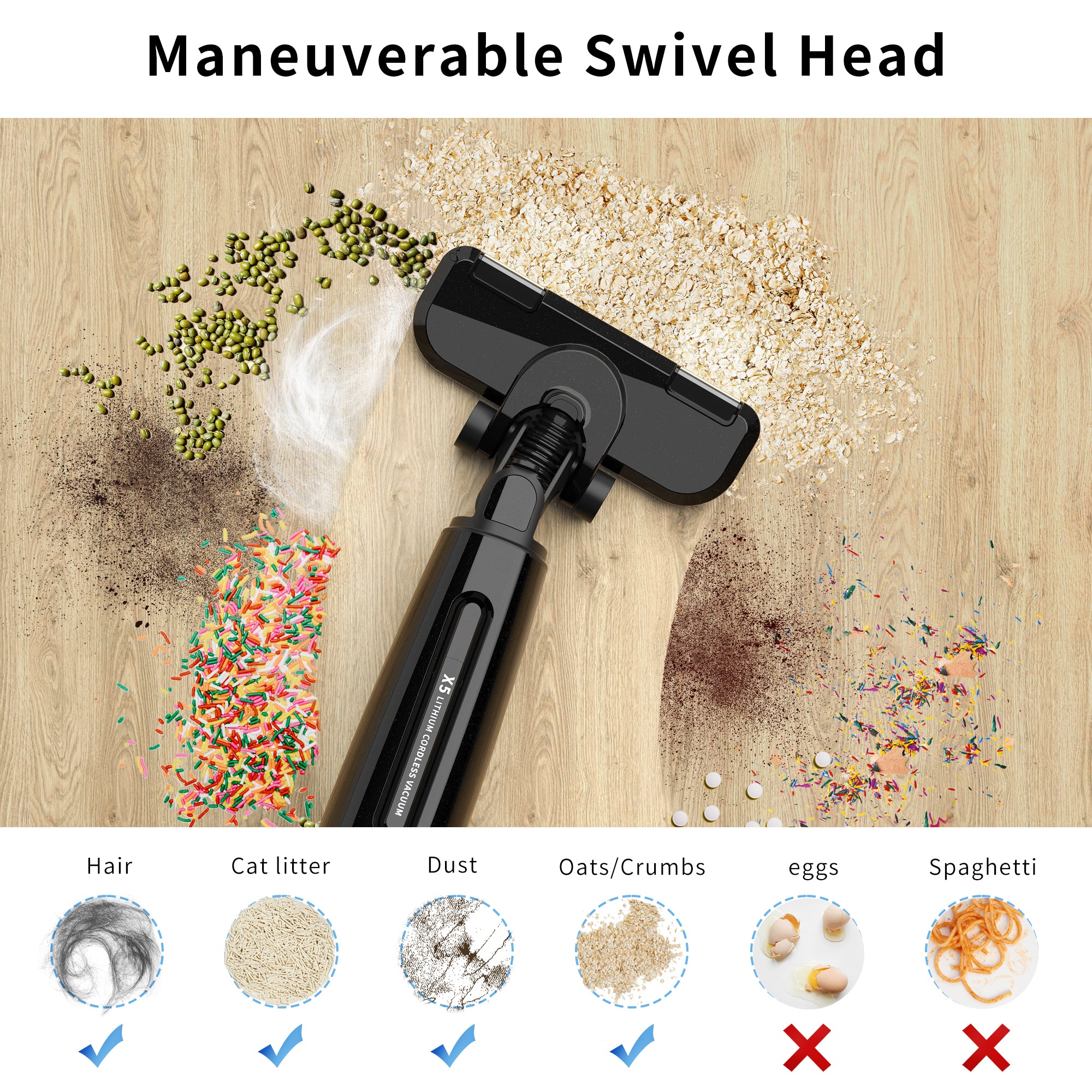 MR.SIGA Lightweight Cordless Vacuum Cleaner, for Hard Floors Dry Cleaning and Pet Hair, LED Headlights, HEPA Filter