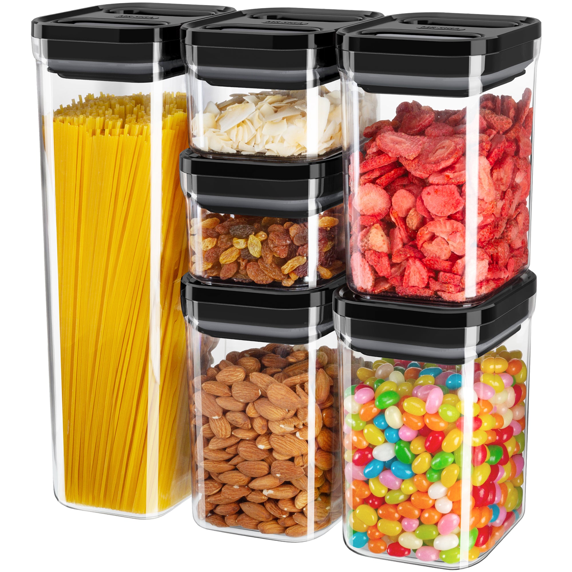 MR.SIGA 6 Piece Airtight Food Storage Container Set, BPA Free Kitchen Pantry Organization Canisters, One-Handed Kitchen Storage Containers for Cereal, Spaghetti, Pasta, Black