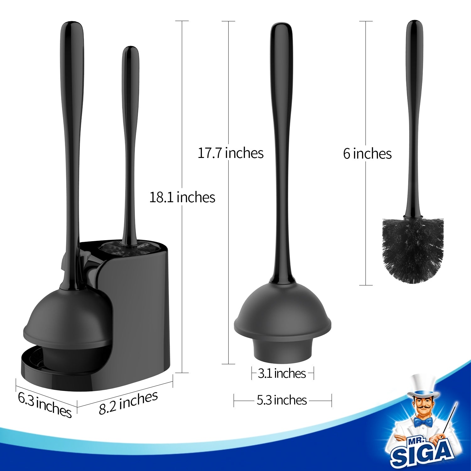 MR.SIGA Toilet Plunger and Bowl Brush Combo for Bathroom Cleaning, Black, 1 Set