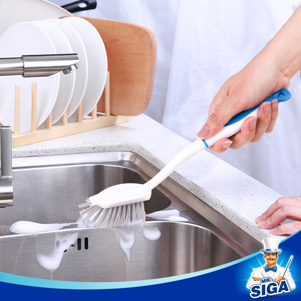 MR.SIGA Dish Brush with Handle Built-in Scraper, for Pans, Pots, Kitchen Sink Cleaning, Pack of 3