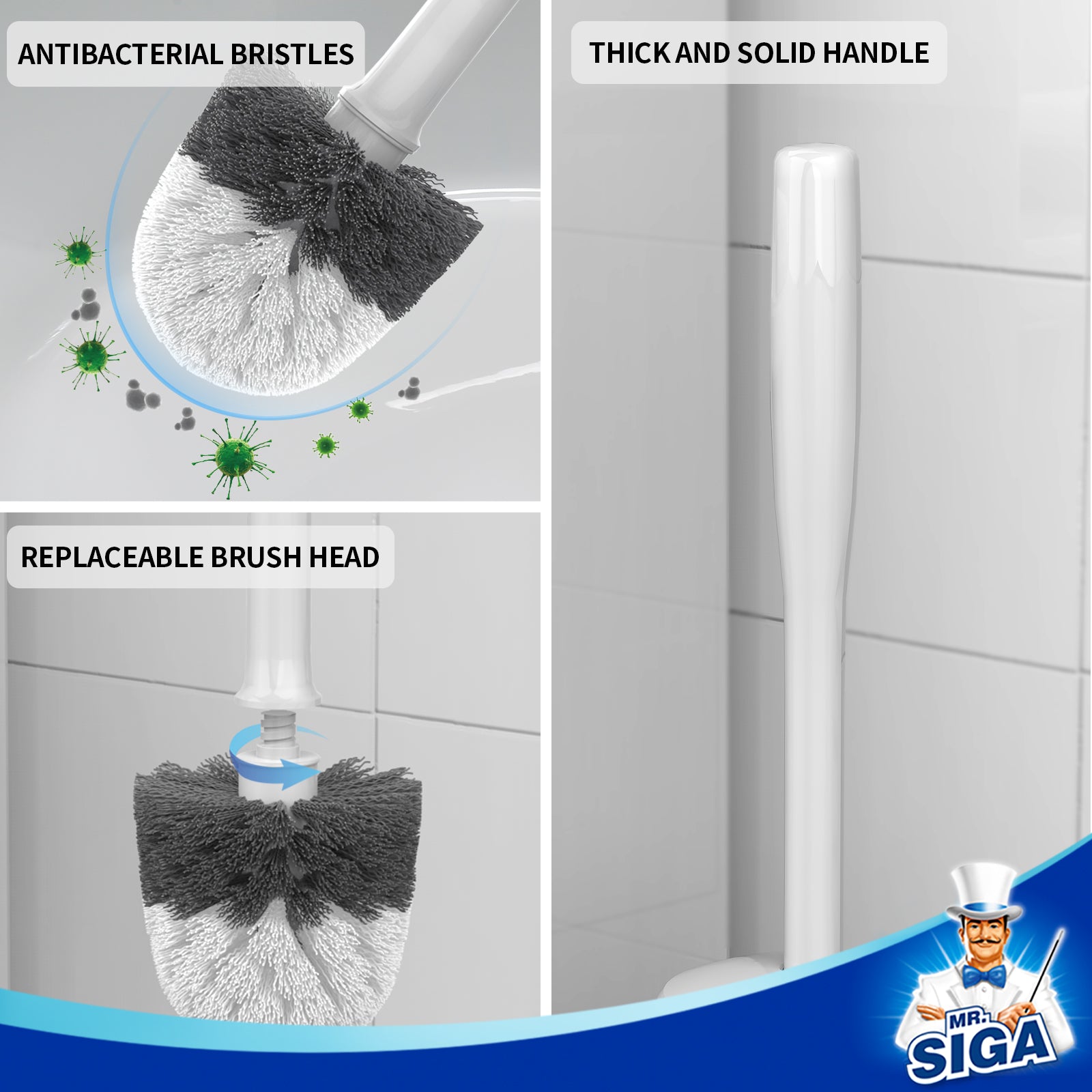 MR.SIGA Toilet Bowl Brush and Holder, Premium Quality, with Solid Handle and Durable Bristles for Bathroom Cleaning, White, 1 Pack