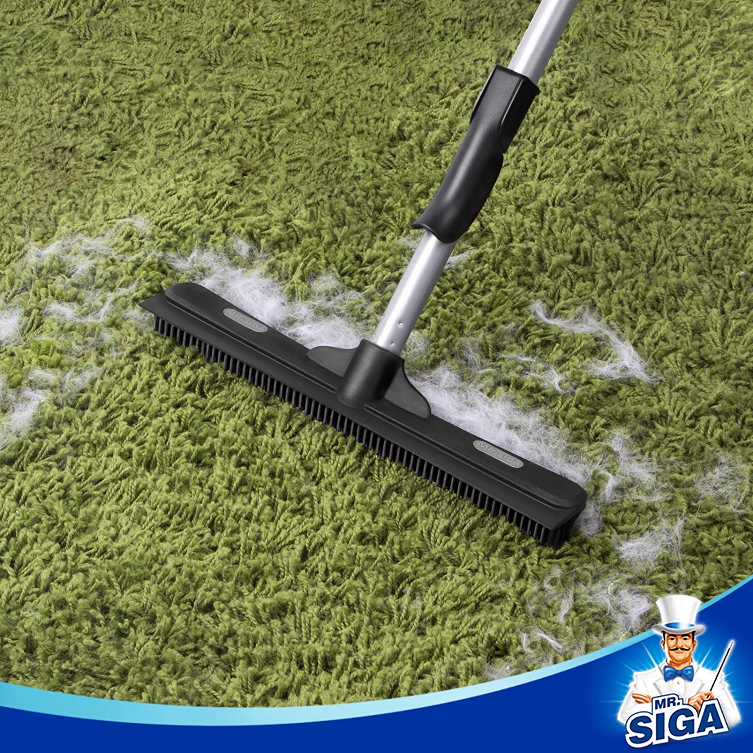 MR.SIGA Pet Hair Removal Rubber Broom with Built in Squeegee, 3 in 1 Floor Brush for Carpet, 61 inch Adjustable Handle, Includes 1 Microfiber Cloth for Floor Dusting