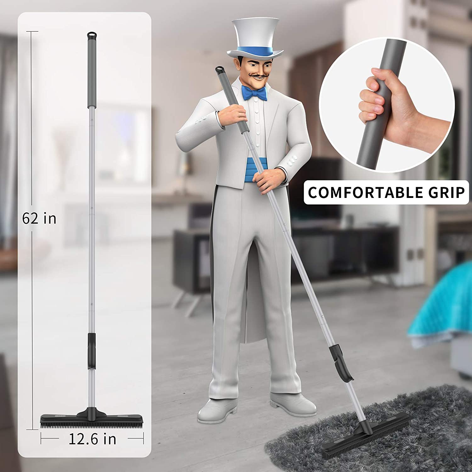 MR.SIGA Pet Hair Removal Rubber Broom with Built in Squeegee, 3 in 1 Floor Brush for Carpet, 61 inch Adjustable Handle, Includes 1 Microfiber Cloth for Floor Dusting