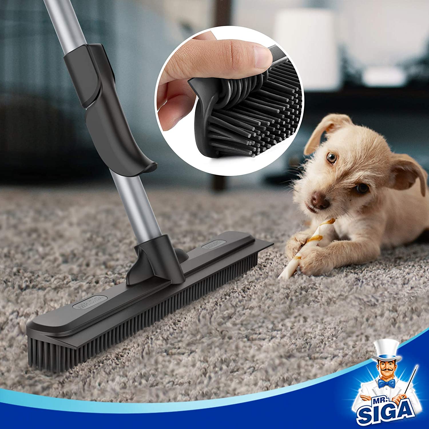 MR.SIGA Pet Hair Removal Rubber Broom with Built in Squeegee, 3 in 1 Floor Brush for Carpet, 61 inch Adjustable Handle, Includes 1 Microfiber Cloth for Floor Dusting