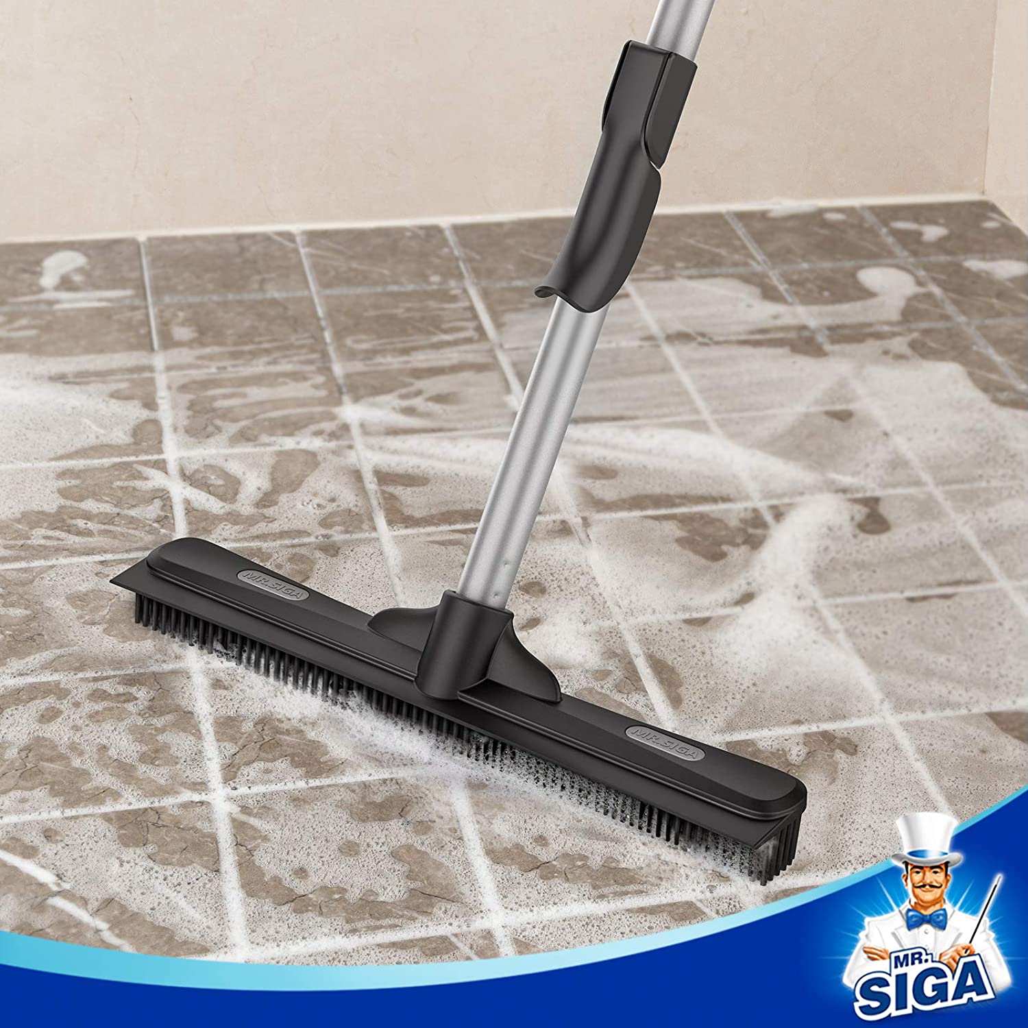 MR.SIGA Pet Hair Removal Rubber Broom with Built in Squeegee, 3 in 1 Floor Brush for Carpet, 61 inch Adjustable Handle, Includes 1 Microfiber Cloth for Floor Dusting