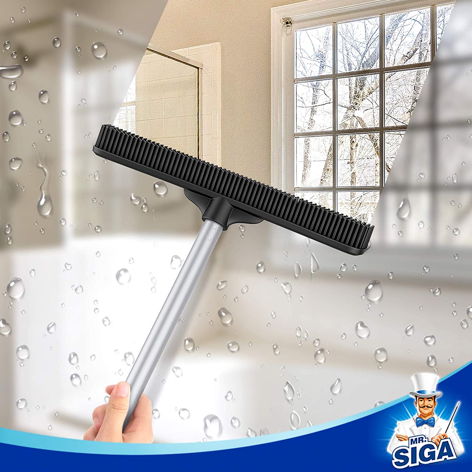MR.SIGA Pet Hair Removal Rubber Broom with Built in Squeegee, 3 in 1 Floor Brush for Carpet, 61 inch Adjustable Handle, Includes 1 Microfiber Cloth for Floor Dusting