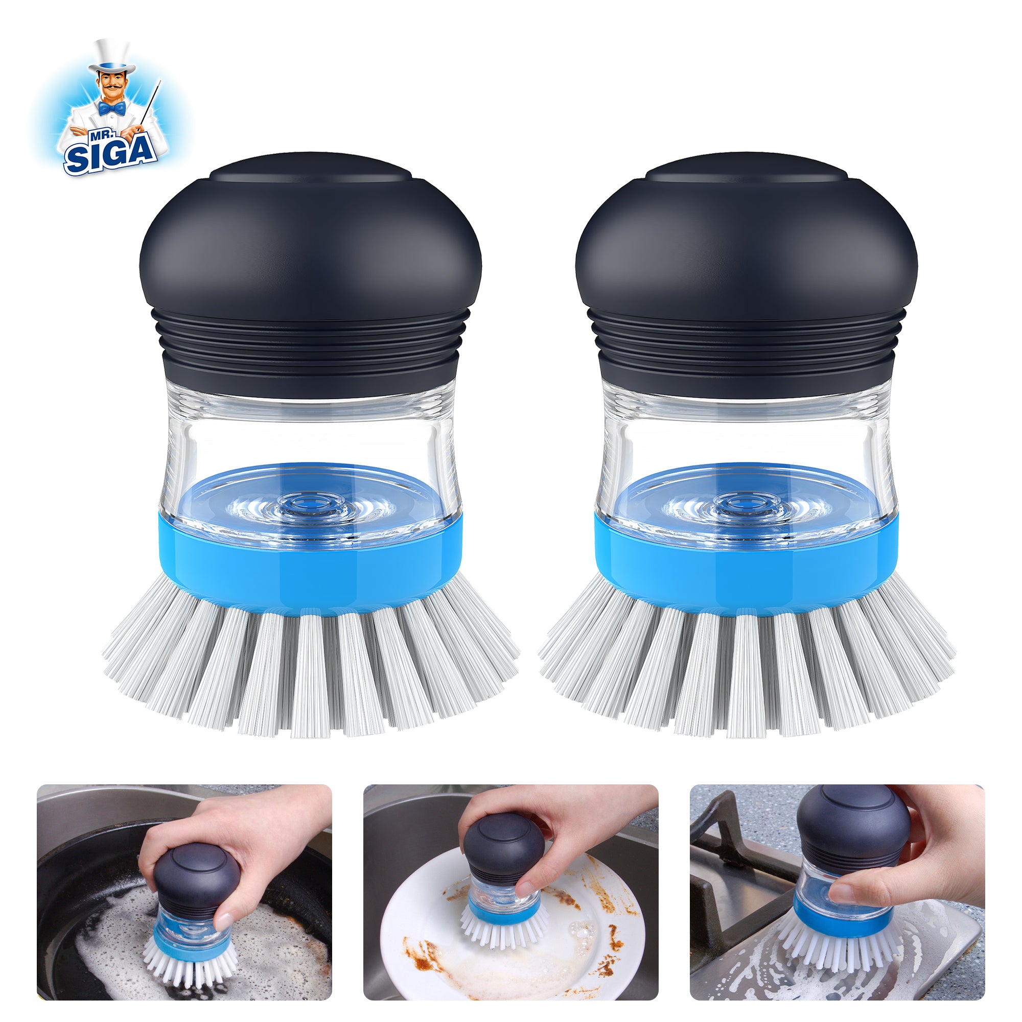 MR.SIGA Soap Dispensing Palm Brush, Kitchen Brush for Dish Pot Pan Sink Cleaning, Pack of 2, Navy/Blue