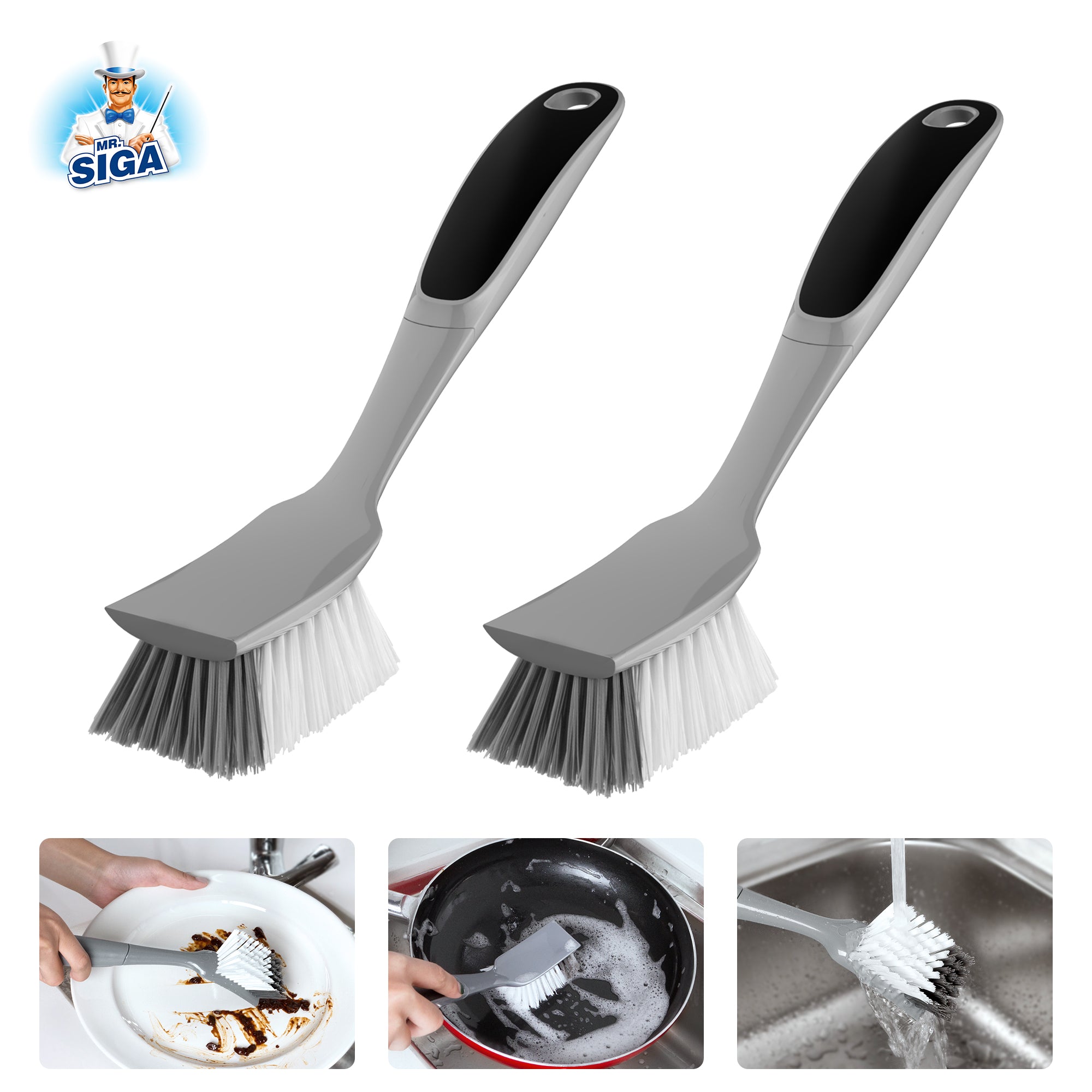MR.SIGA Dish Brush with Non Slip Handle Built-in Scraper, Pack of 2