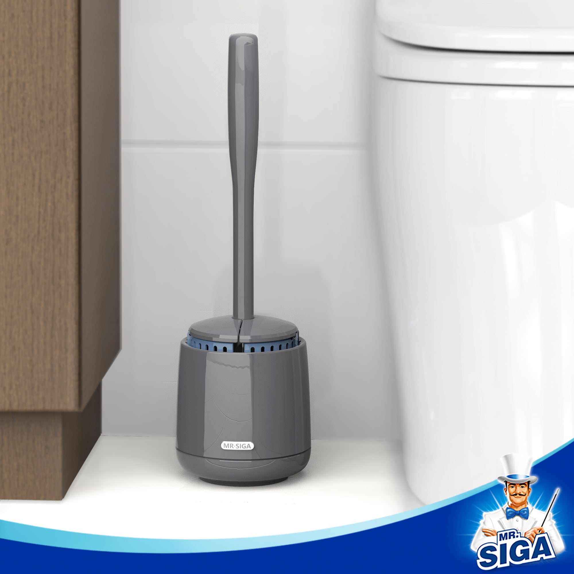 MR.SIGA Toilet Bowl Brush and Holder, Premium Quality, with Solid Handle and Durable Bristles for Bathroom Cleaning, Gray, 1 Pack