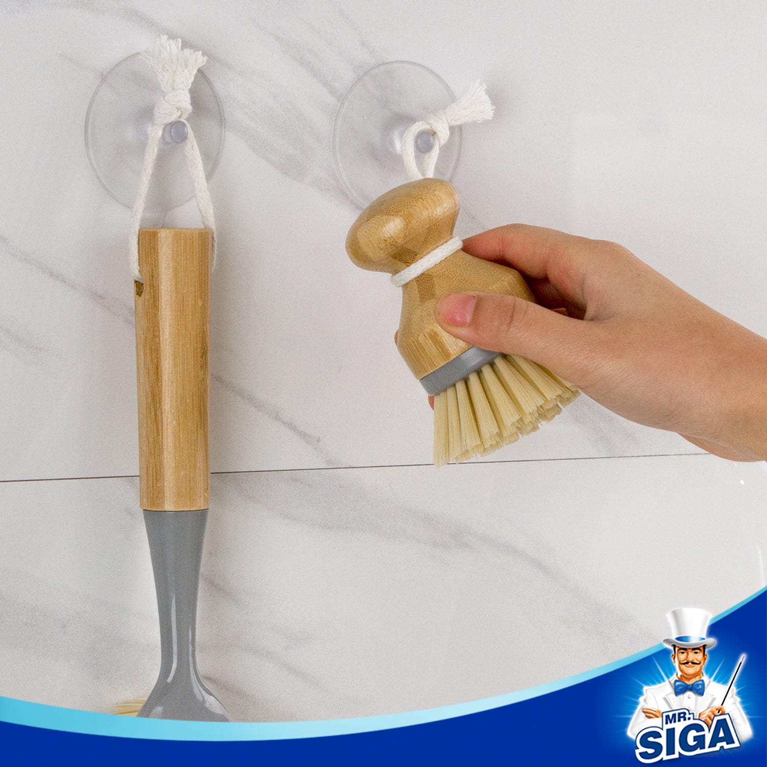 MR.SIGA Bamboo Palm Brush, Scrub Brush for Dishes Pots Pans Kitchen Sink Cleaning, Pack of 2