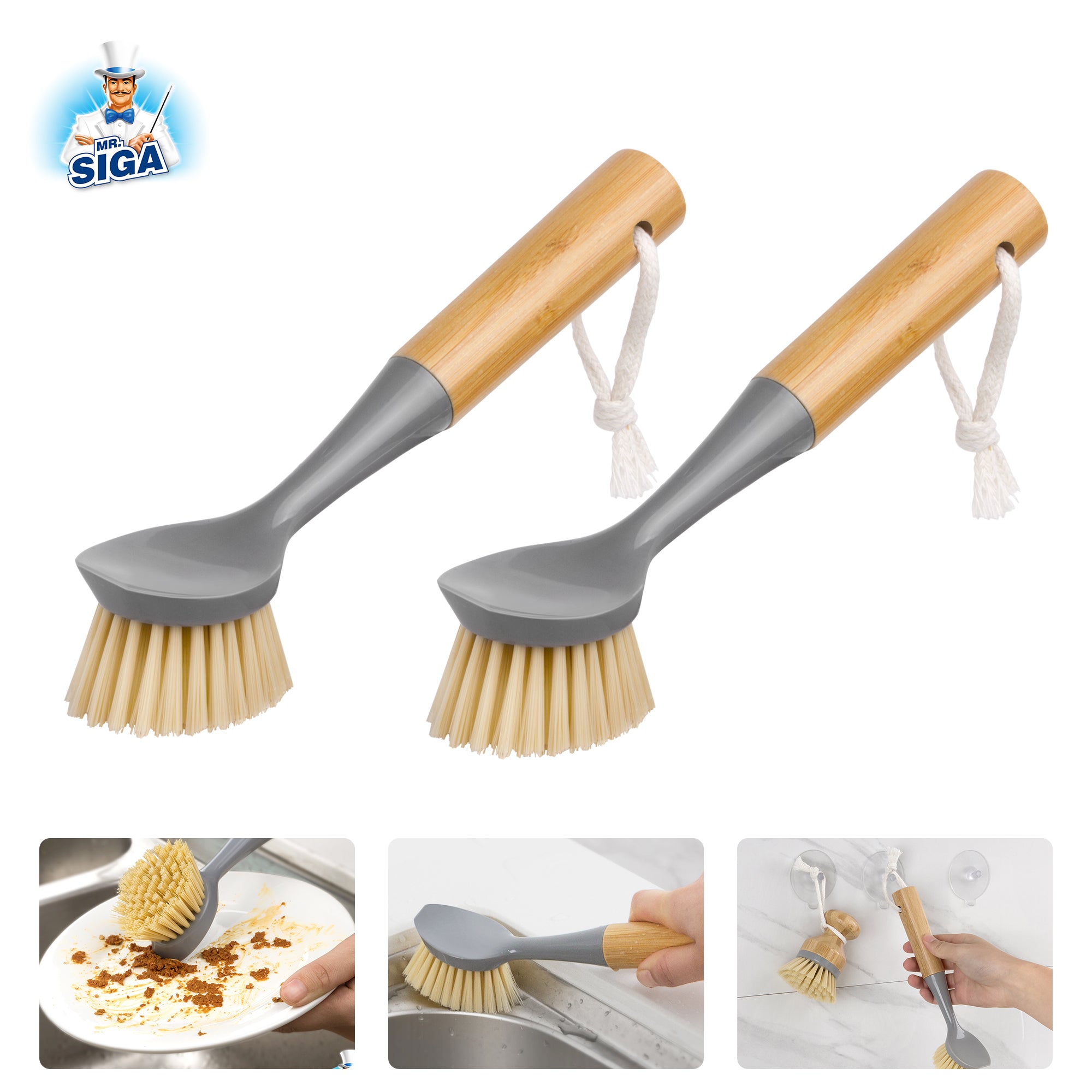 MR.SIGA Dish Brush with Bamboo Handle Built-in Scraper, Pack of 2