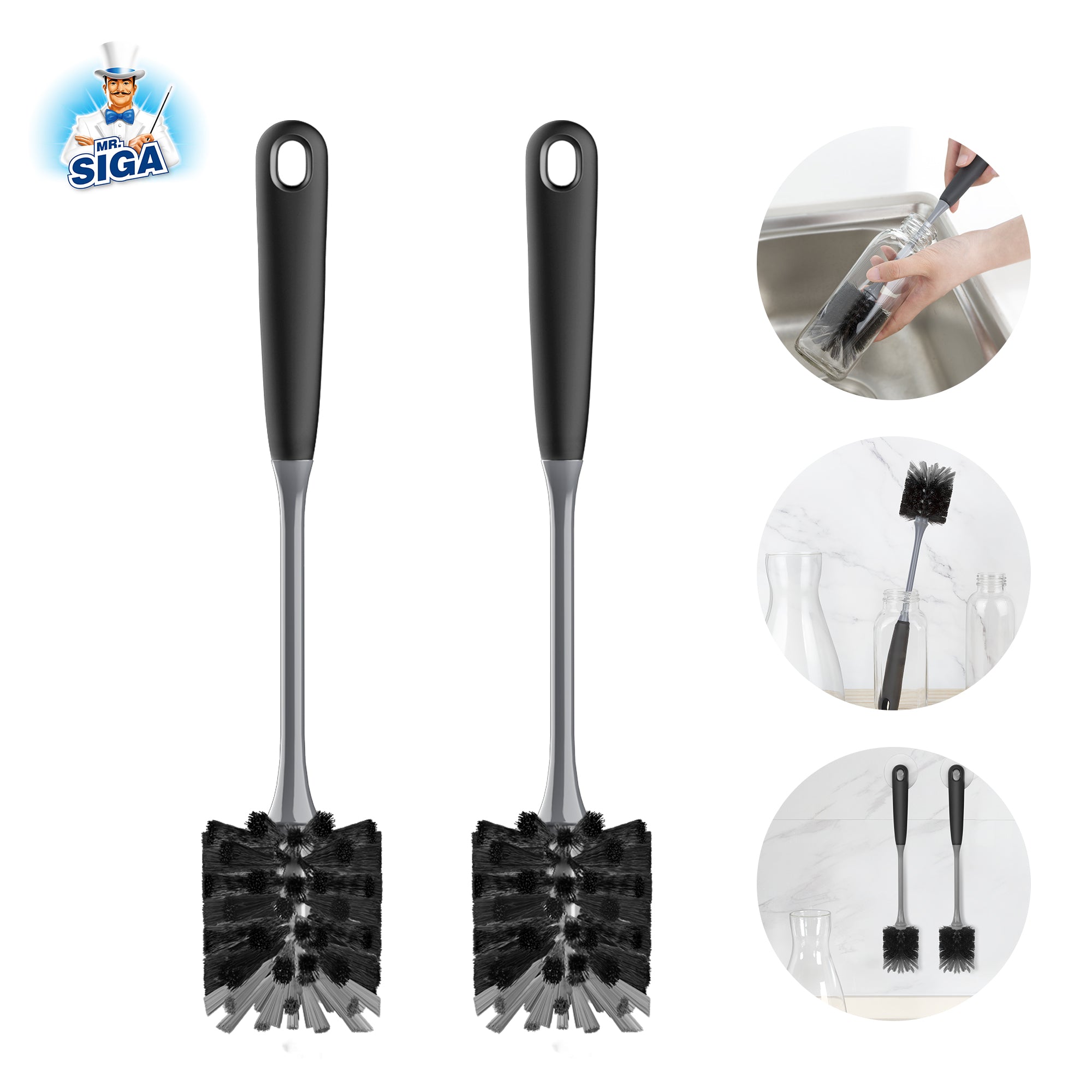 MR.SIGA Flaschenbürste mit langem Griff, flexible Scheuerbürste für Flaschen, Glaswaren, 2er-Pack