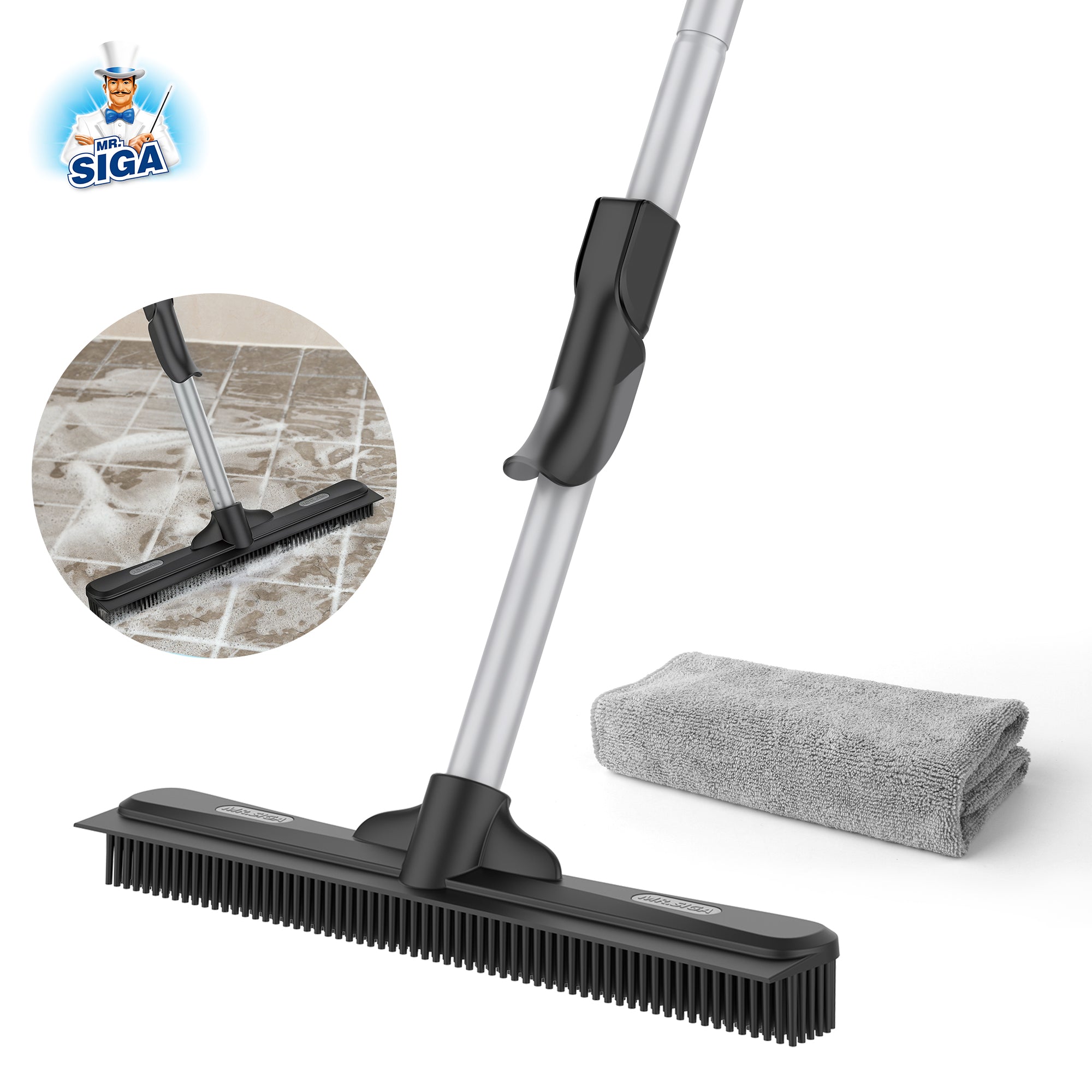MR.SIGA Pet Hair Removal Rubber Broom with Built in Squeegee, 3 in 1 Floor Brush for Carpet, 61 inch Adjustable Handle, Includes 1 Microfiber Cloth for Floor Dusting