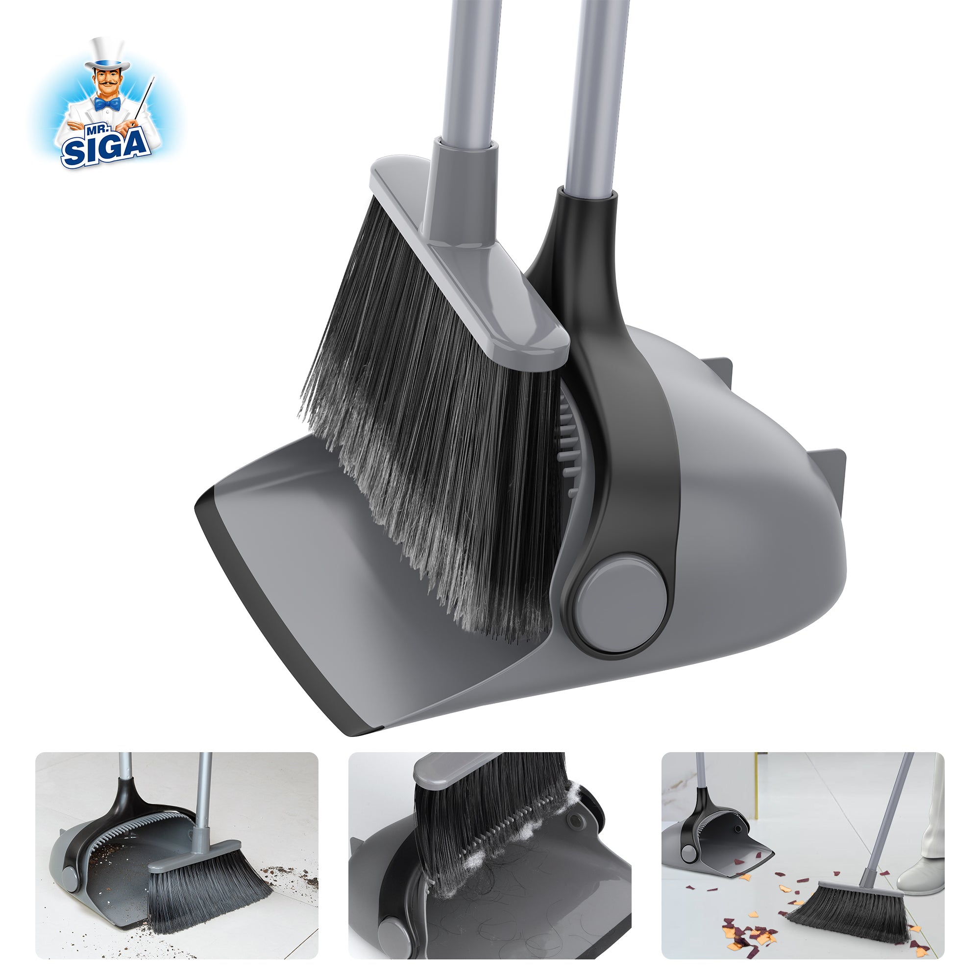 MR.SIGA Broom and Dustpan Set with Adjustable Long Handle, Upright Combo for Floor, Cleaning Lobby, Gray