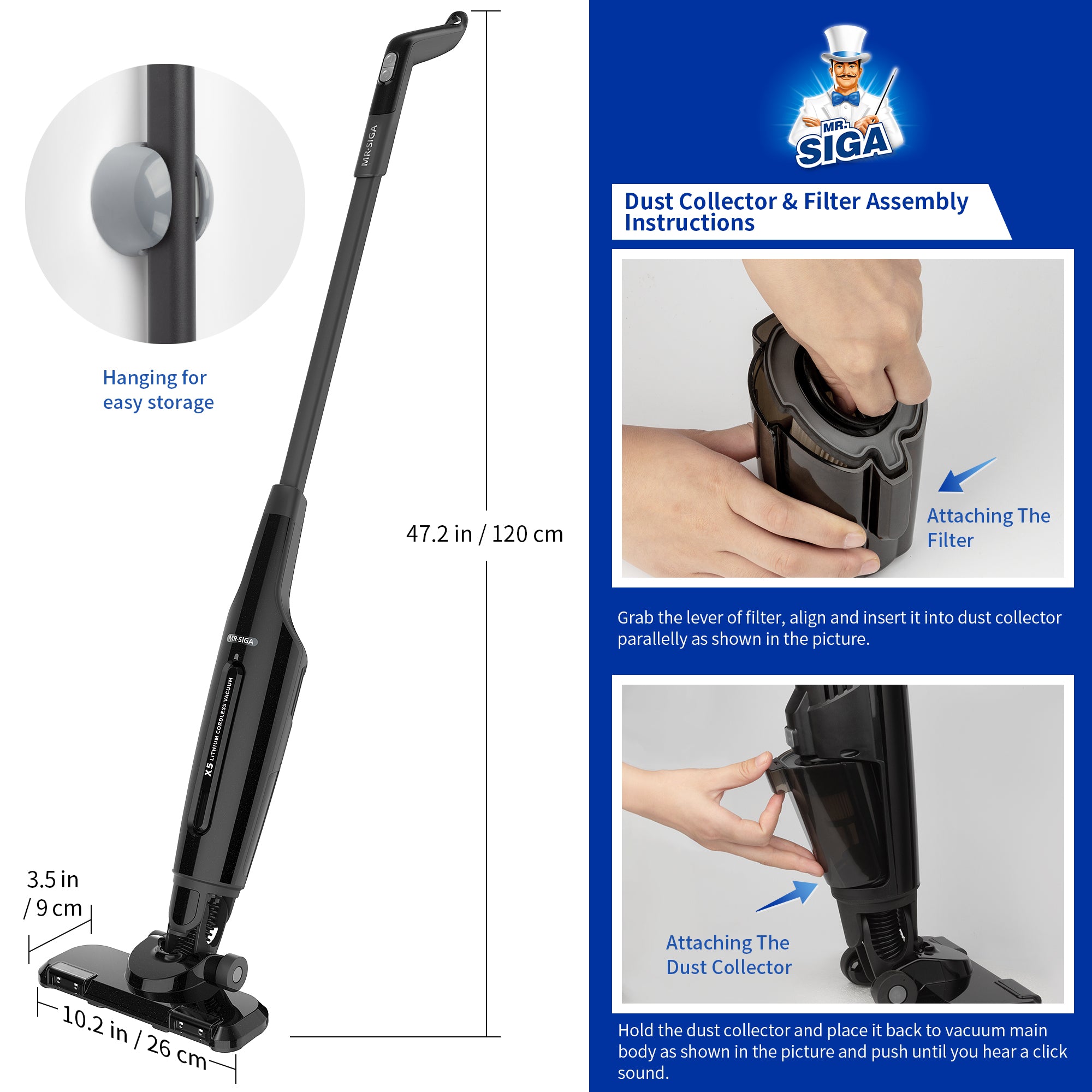 MR.SIGA Lightweight Cordless Vacuum Cleaner, for Hard Floors Dry Cleaning and Pet Hair, LED Headlights, HEPA Filter