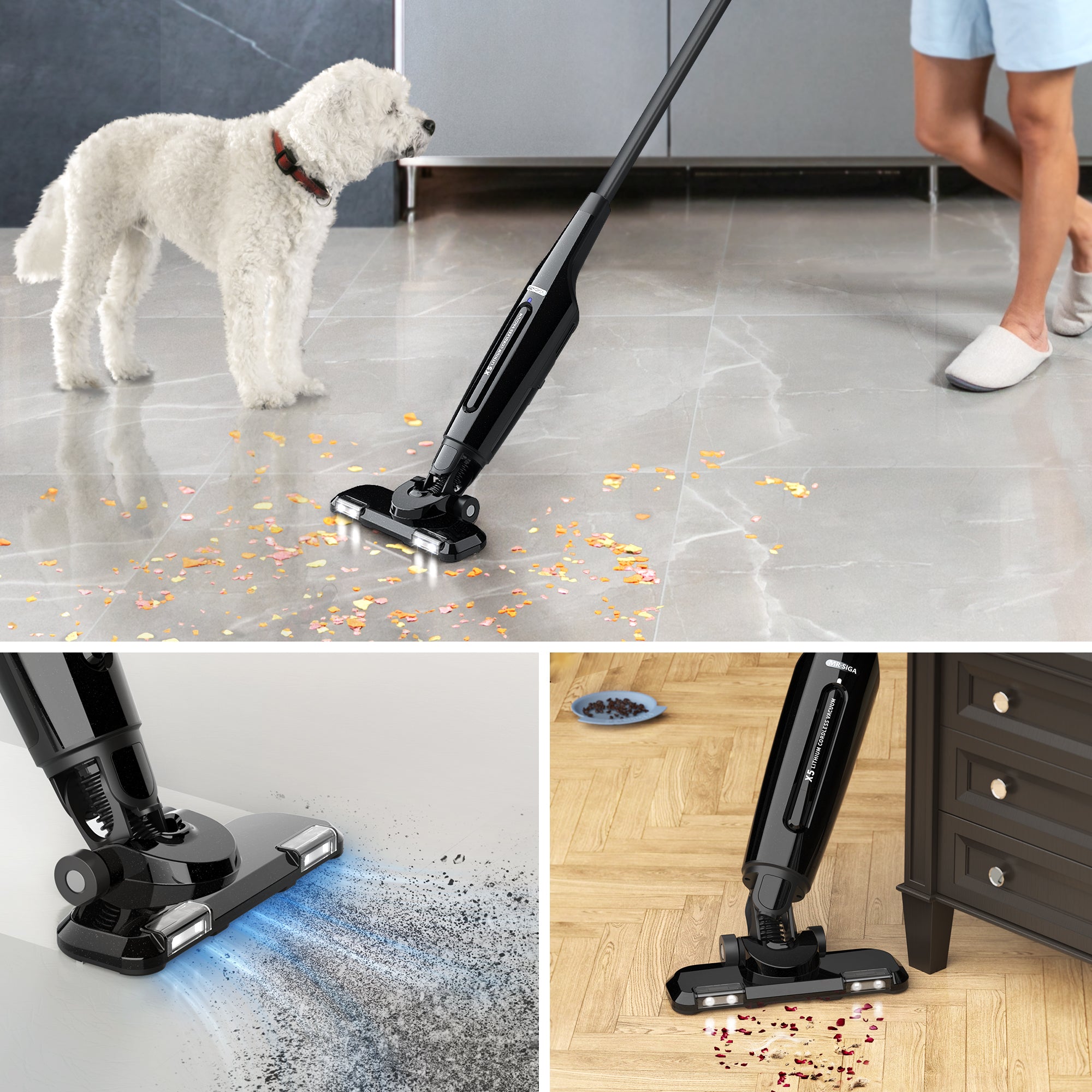MR.SIGA Lightweight Cordless Vacuum Cleaner, for Hard Floors Dry Cleaning and Pet Hair, LED Headlights, HEPA Filter