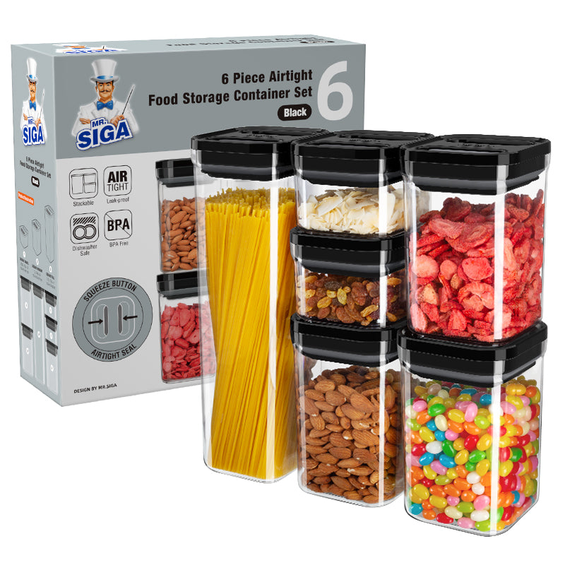 MR.SIGA 6 Piece Airtight Food Storage Container Set, BPA Free Kitchen Pantry Organization Canisters, One-Handed Kitchen Storage Containers for Cereal, Spaghetti, Pasta, Black