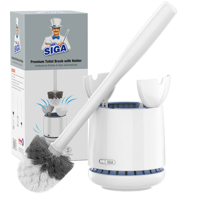 MR.SIGA Toilet Bowl Brush and Holder, Premium Quality, with Solid Handle and Durable Bristles for Bathroom Cleaning, White, 1 Pack