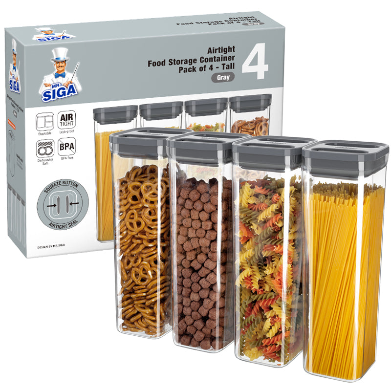 MR.SIGA 4 Pack Airtight Food Storage Container Set, BPA Free Kitchen Pantry Organization Canisters, One-Handed Airtight Cereal Flour Spaghetti Storage Containers, 2.1L / 72oz, Gray