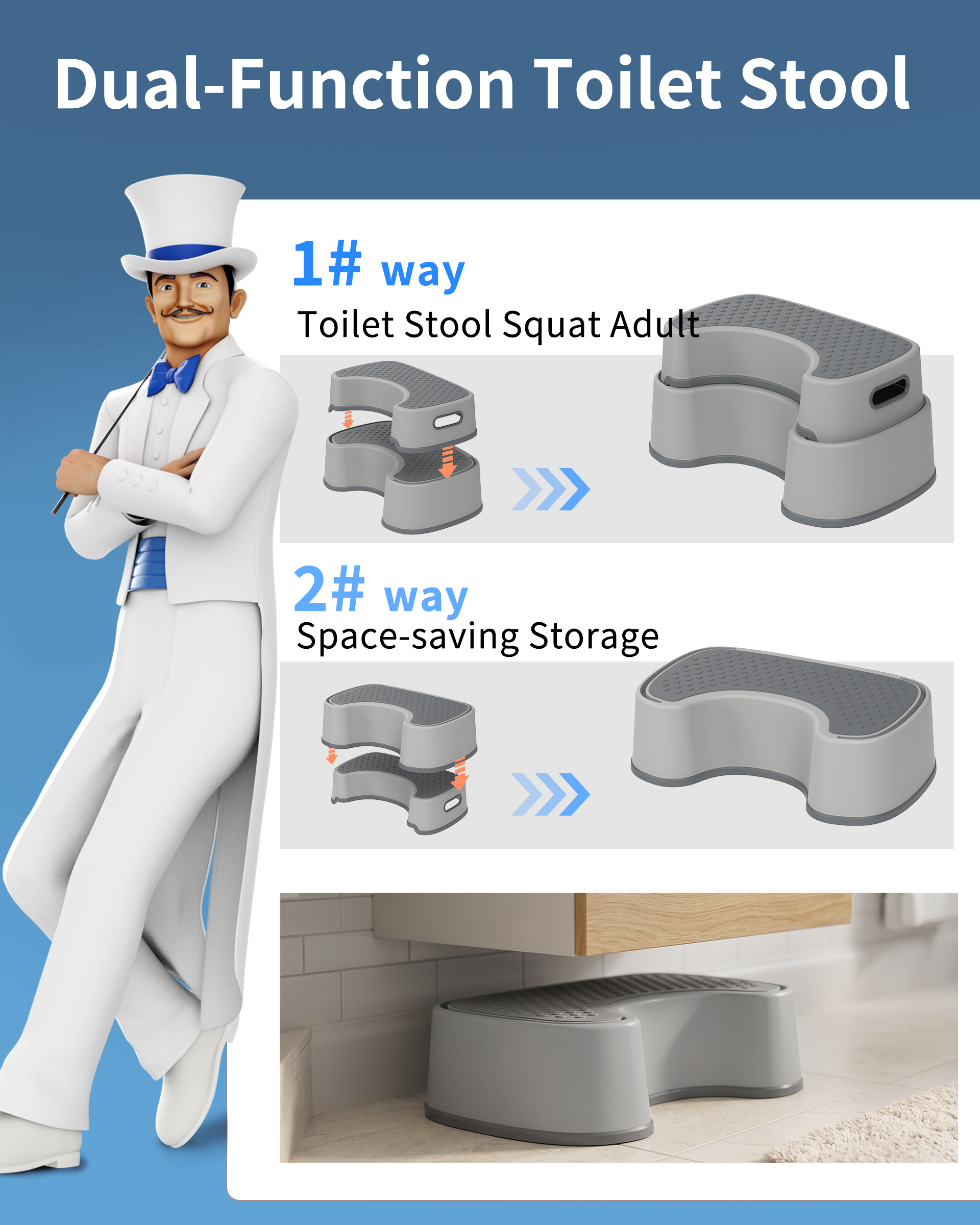 MR.SIGA Toilet Stool Squat Adult Bathroom Foot Stool, Off-White & Dark Gray | Heavy Duty Anti-Slip Bathroom Step for Improved Posture