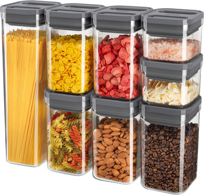 MR.SIGA 8 Piece Airtight Food Storage Container Set, BPA Free Kitchen Pantry Organization Canisters, One-Handed Airtight Plastic Containers with Lids for Cereal, Spaghetti, Pasta, Gray
