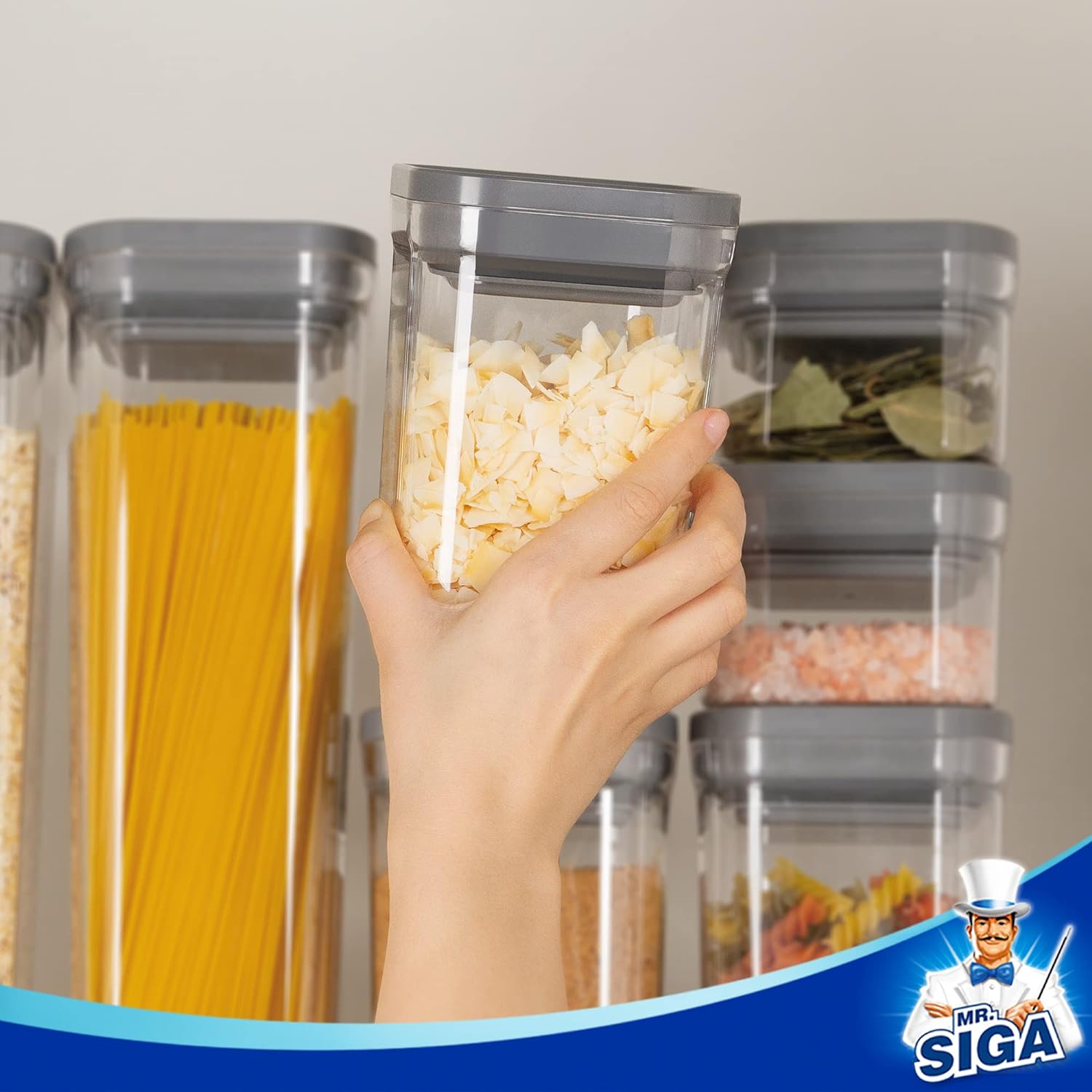 MR.SIGA 6 Piece Airtight Food Storage Container Set, BPA Free Kitchen Pantry Organization Canisters, One-handed Kitchen Storage Containers for Cereal, Spaghetti, Pasta, Gray