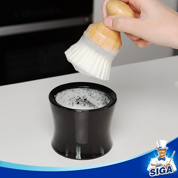 MR.SIGA Dish Soap Dispenser & Holder, Bamboo Dish Brush with Soap Dispenser Set, Includes 4 Replaceable Sponges, Dish Brush Holder in Black