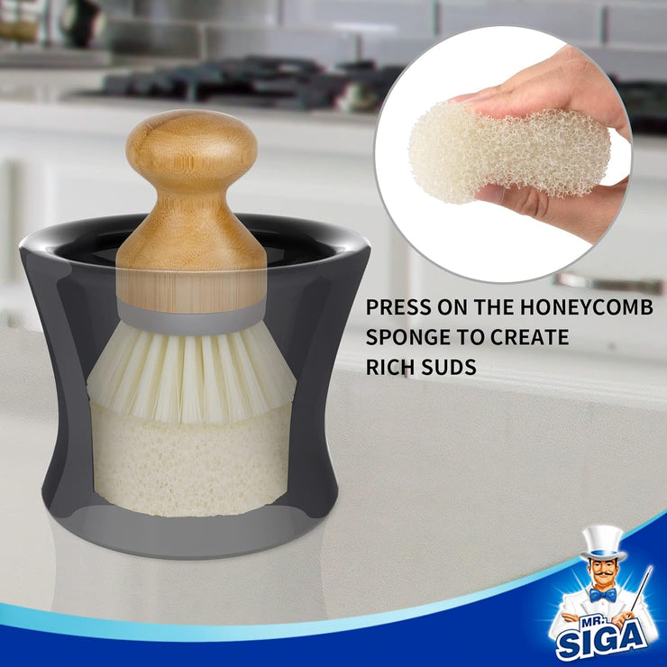 MR.SIGA Dish Soap Dispenser & Holder, Bamboo Dish Brush with Soap Dispenser Set, Includes 4 Replaceable Sponges, Dish Brush Holder in Black