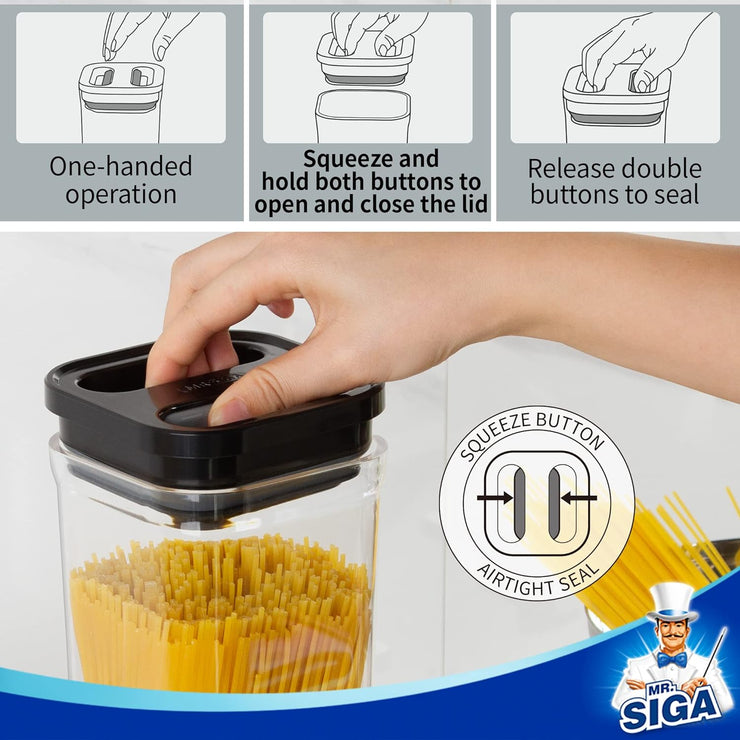MR.SIGA 4 Pack Airtight Food Storage Container Set, BPA Free Kitchen Pantry Organization Canisters, One-handed Airtight Cereal Flour Spaghetti Storage Containers, 2.1L / 72oz, Black