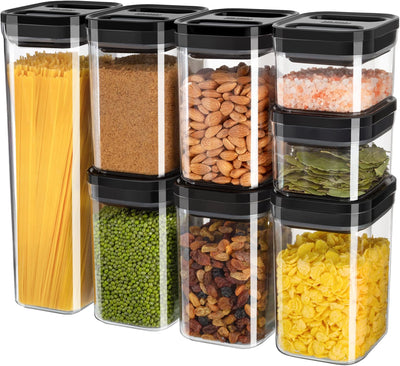 MR.SIGA 8 Piece Airtight Food Storage Container Set, BPA Free Kitchen Pantry Organization Canisters, One-handed Airtight Plastic Containers with Lids for Cereal, Spaghetti, Pasta, Black