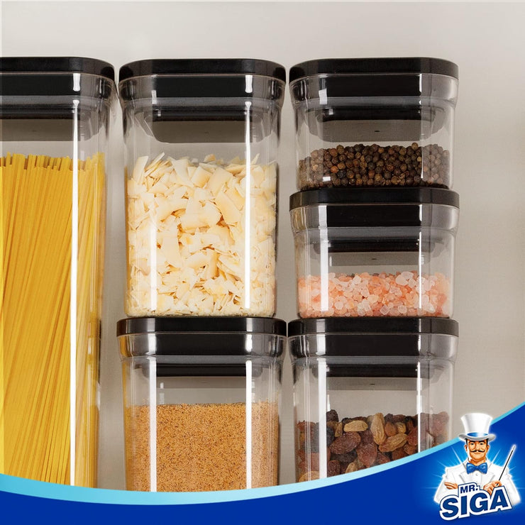 MR.SIGA 8 Piece Airtight Food Storage Container Set, BPA Free Kitchen Pantry Organization Canisters, One-handed Airtight Plastic Containers with Lids for Cereal, Spaghetti, Pasta, Black