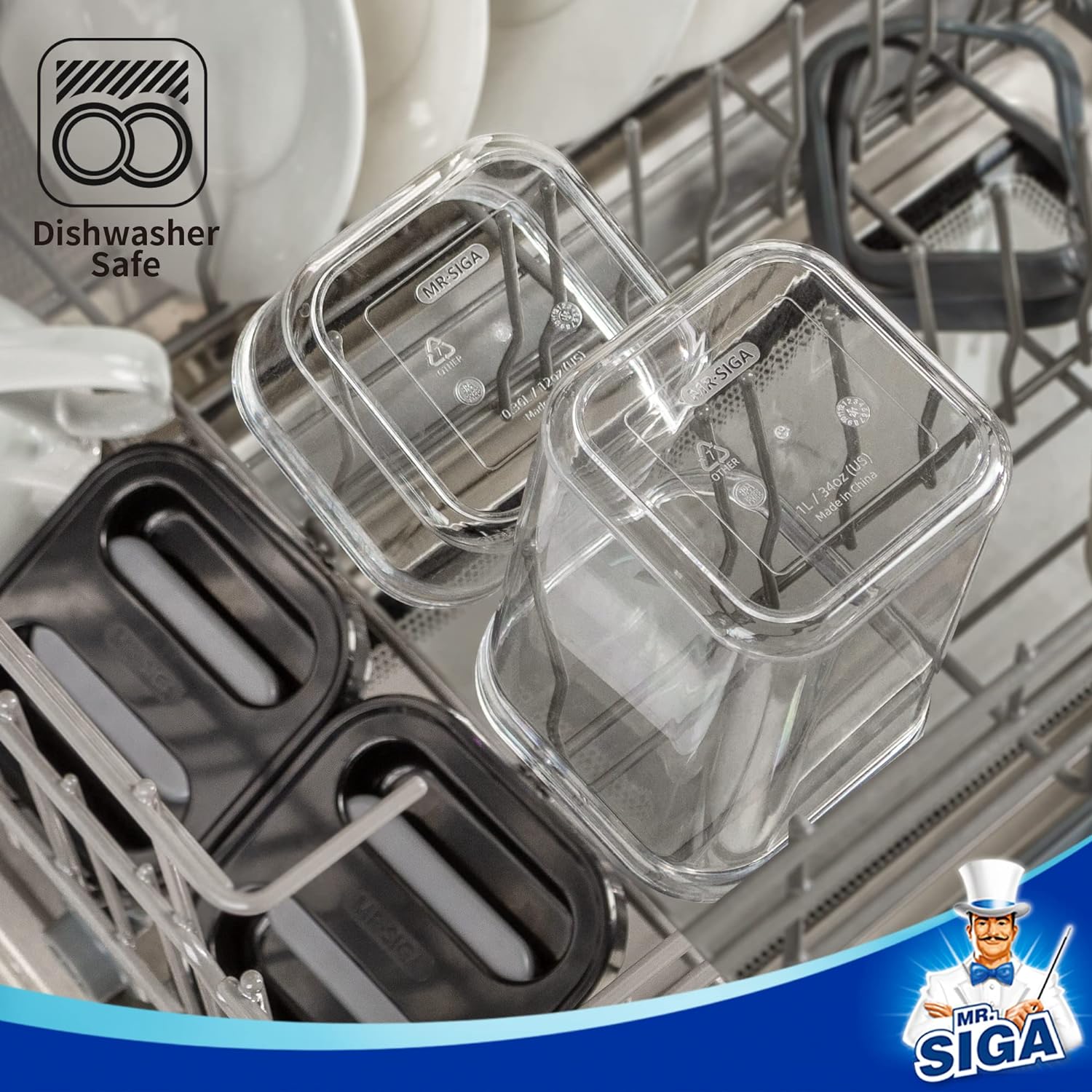 MR.SIGA 8 Piece Airtight Food Storage Container Set, BPA Free Kitchen Pantry Organization Canisters, One-handed Airtight Plastic Containers with Lids for Cereal, Spaghetti, Pasta, Black