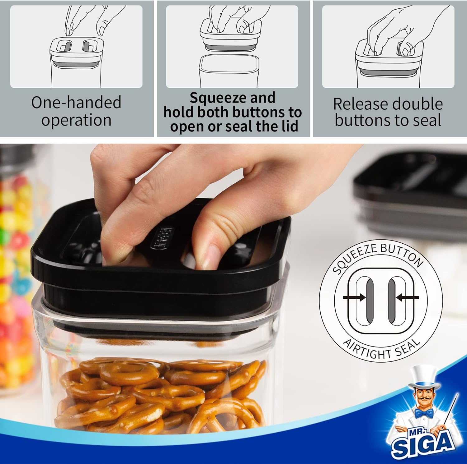 MR.SIGA 8 Piece Airtight Food Storage Container Set, BPA Free Kitchen Pantry Organization Canisters, One-handed Airtight Plastic Containers with Lids for Cereal, Spaghetti, Pasta, Black