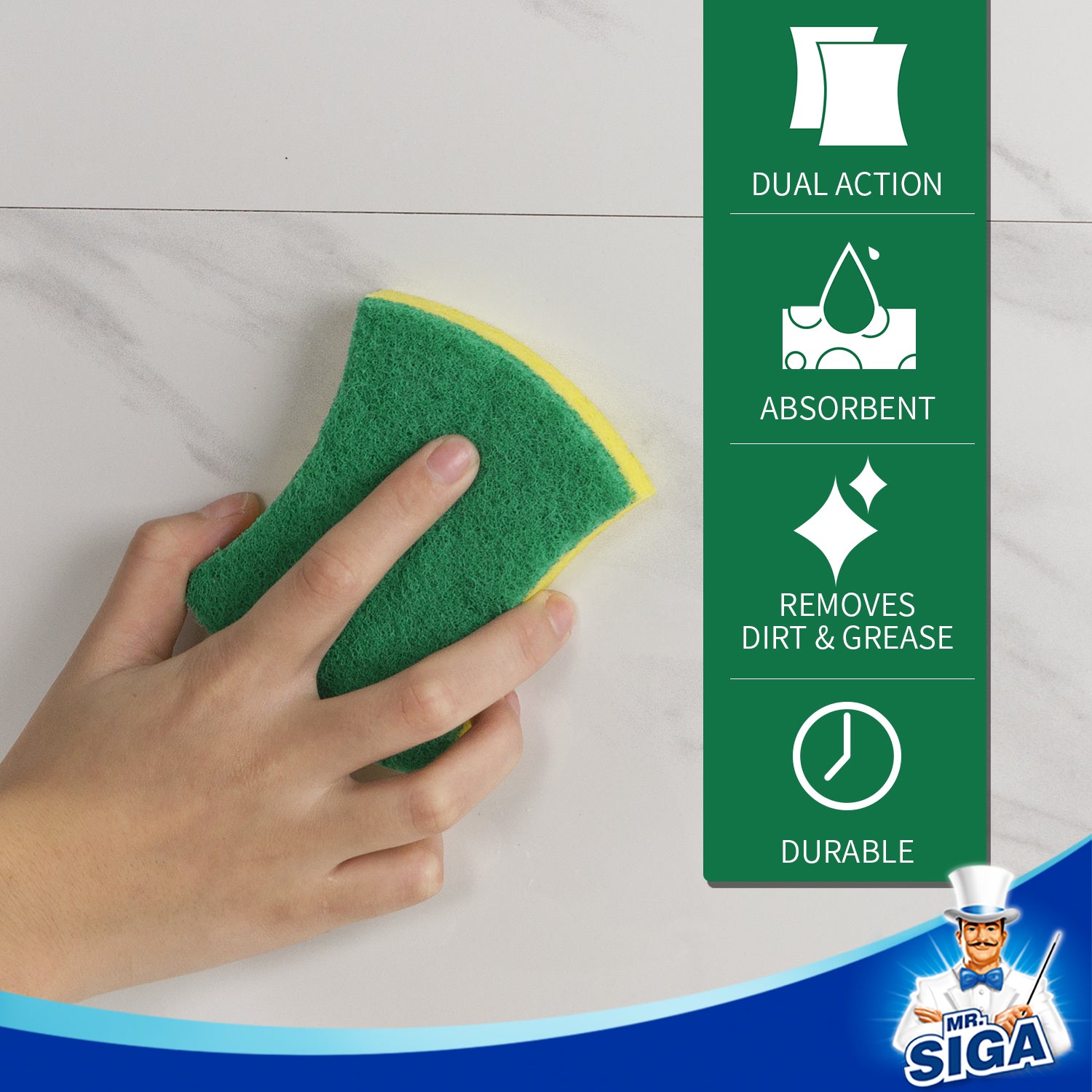 MR.Siga Cellulose Scrub Sponge Strong Absorbent, Dual-Sided Dishwashing Sponge for Kitchen, 9 Pack